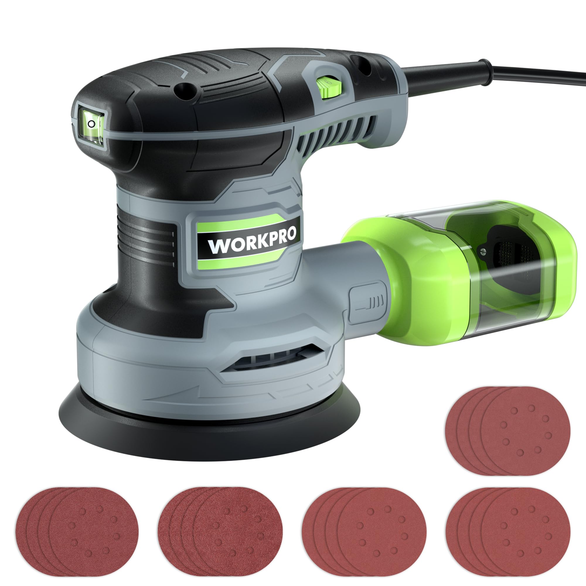 WORKPRO Ponceuse Excentrique 125mm, Ponceuse Rotative à Vitesse Réglable(Vitesse à vide: 7000-13000 tr/min), Ponceuse Orbitale Filaire 300W avec Récipient à Poussière et Disque de Ponçage 20 Pièces