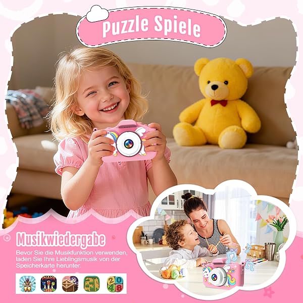 GlowPlayX Kinderkamera 1080P mit 32GB & Spielen – Digitalkamera für Kinder ab 3 Jahren, Selfie Kamera mit Einhorn Silikonhülle, USB-Ladefunktion, Musik & Spiele – Geschenk für Jungen & Mädchen - 3