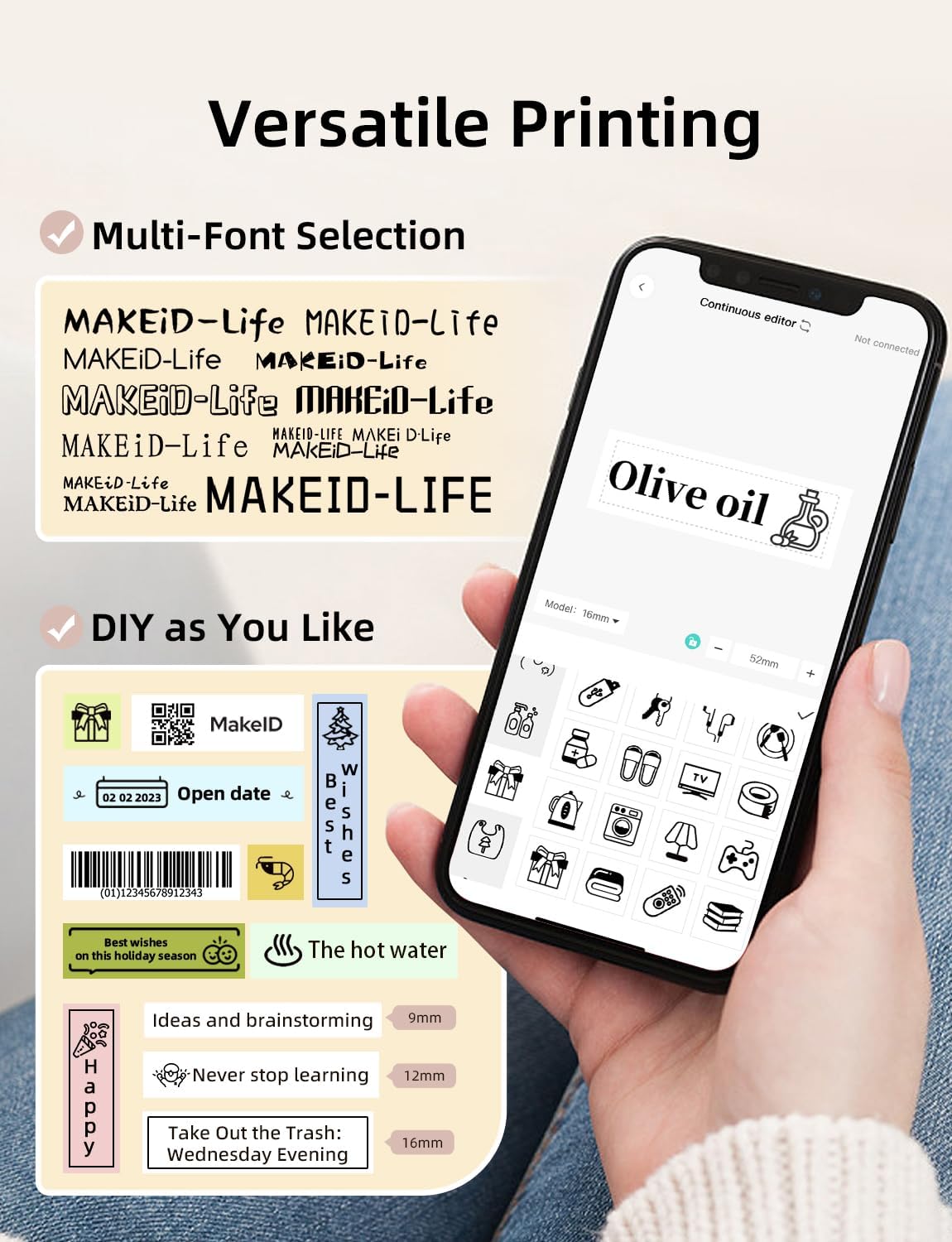 Makeid Label Maker Machine with Tape - Compatible with 9/12/16mm Waterproof Tape, Portable & Rechargeable Label Makers with Built-in Cutter Wireless Label Printer Compatible with Android & iOS Devices : Office Products
