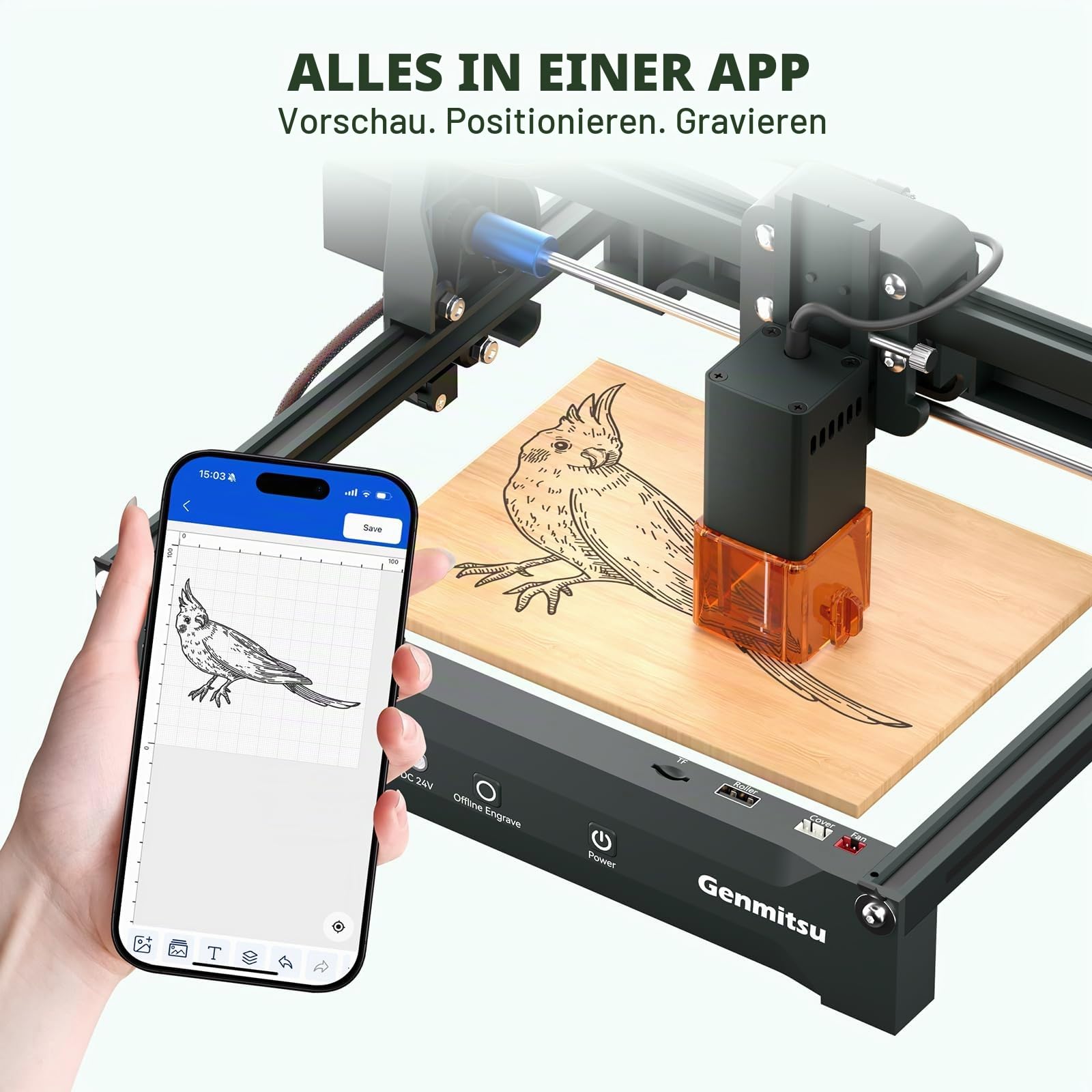 Genmitsu 2,5w Kortek Tragbarer Laser Graviermaschine, 200x150mm | Plug-and-Play, Präzises Gravieren und Schneiden von Papier, Leder mit ±0,01mm Wiederholgenauigkeit, Klasse 1