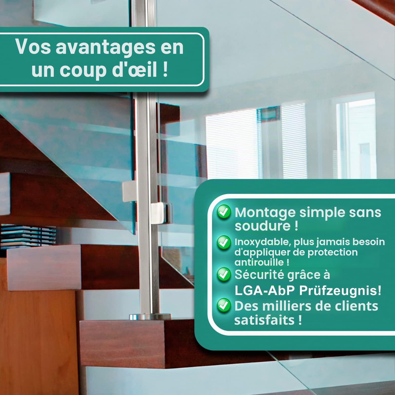 PRIOstahl Lot de 4 supports de serrage pour verre 45 x 45 x 26 mm Raccord : plat pour verre 8 mm Support de plaque de verre pour garde-corps Rampe d'escalier en acier inoxydable V2A