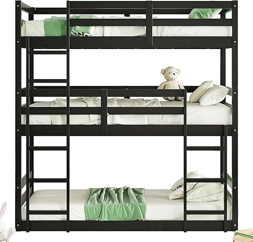 Miniatura 35 de Litera triple de metal, tamaño matrimonial XL sobre individual XL sobre tamaño Queen, elegante base de cama triple con seguridad garantizada para