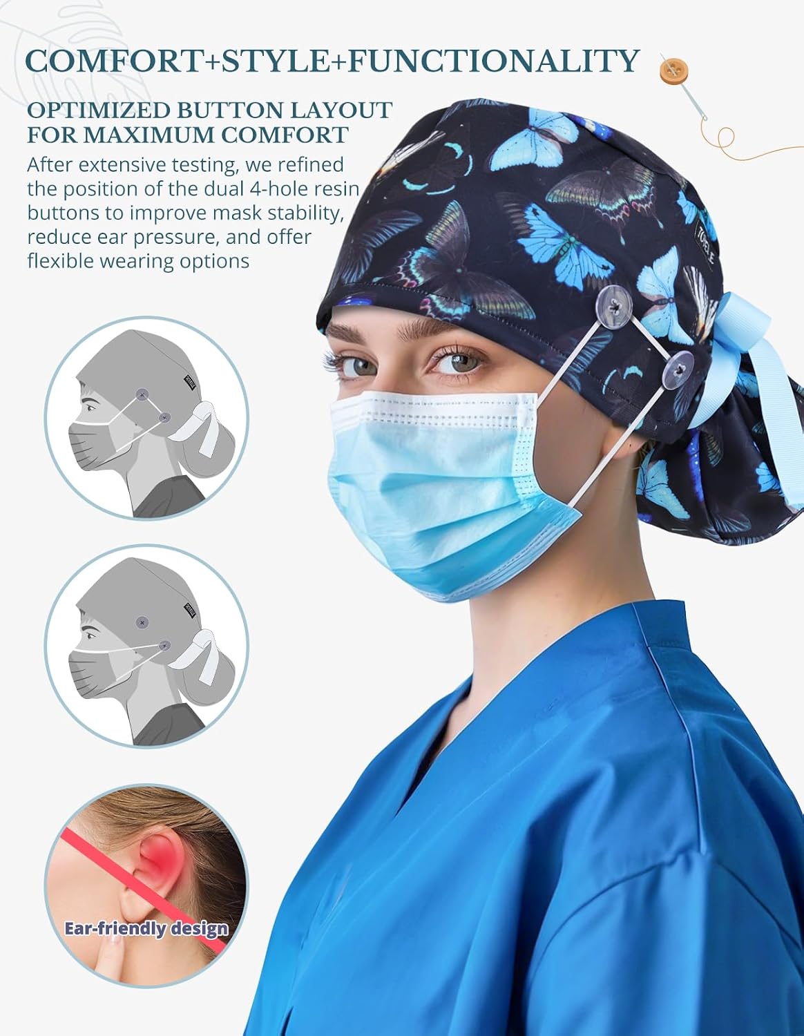 Scrub Caps Women Ponytail, Surgical Hat with Buttons and Sweatband