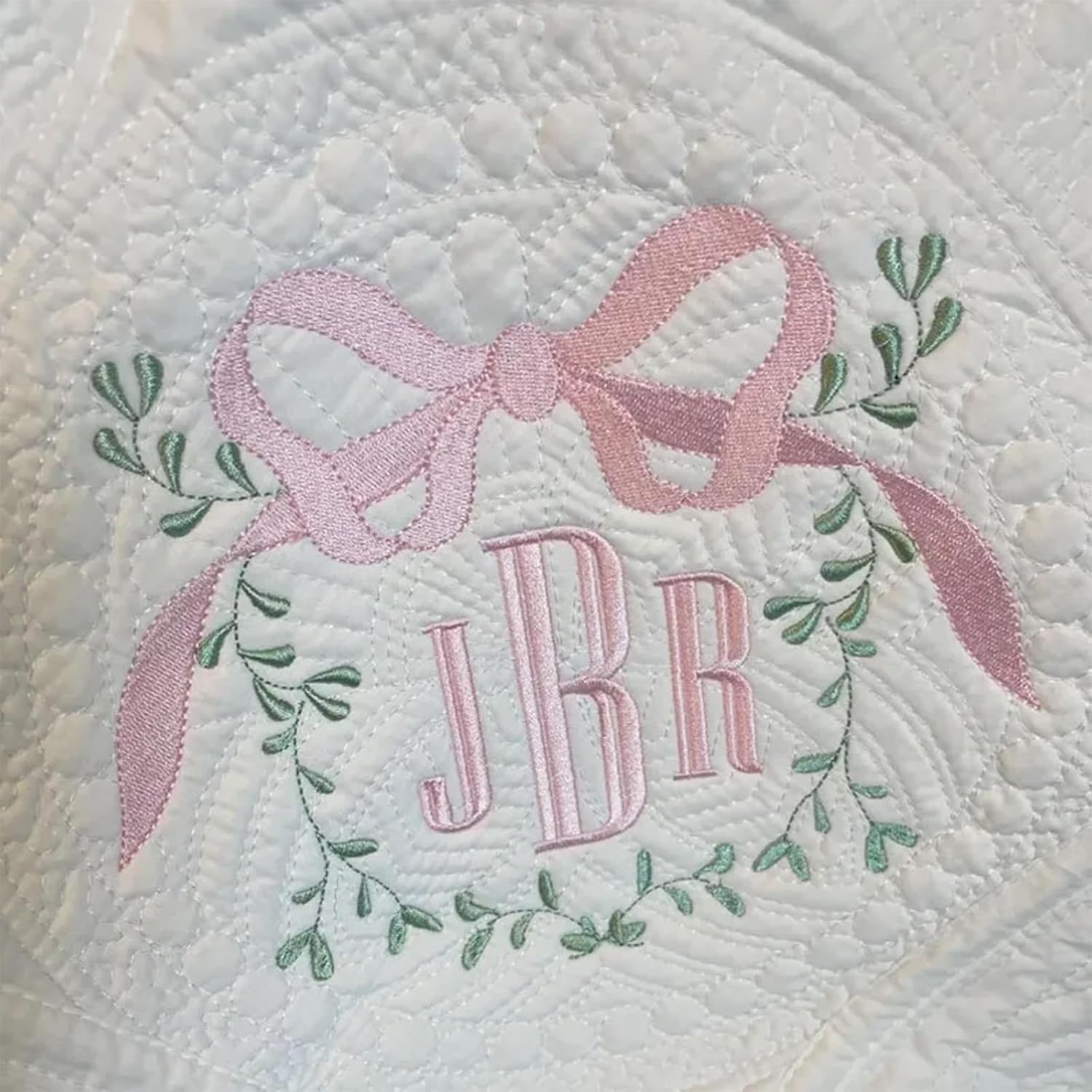 Personalized Baby Quilt with Vine Frame Large Bow Custom Embroidery Baby Blanket with First & Middle Name Newborn Heirloom 46" x 36" Scalloped Edges Quilts for Easter Birhthday Gifts (Style 3)