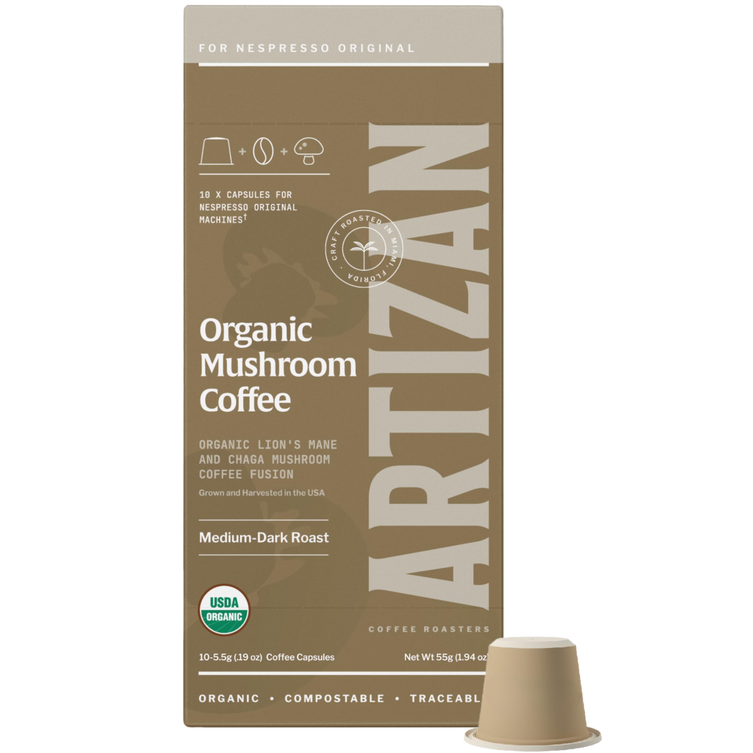 Artizan Organic Lion’s Mane & Chaga Mushroom Coffee Pods for Nespresso Original Line | Cognitive Clarity + Immune Power | 40 Compostable Espresso Capsules