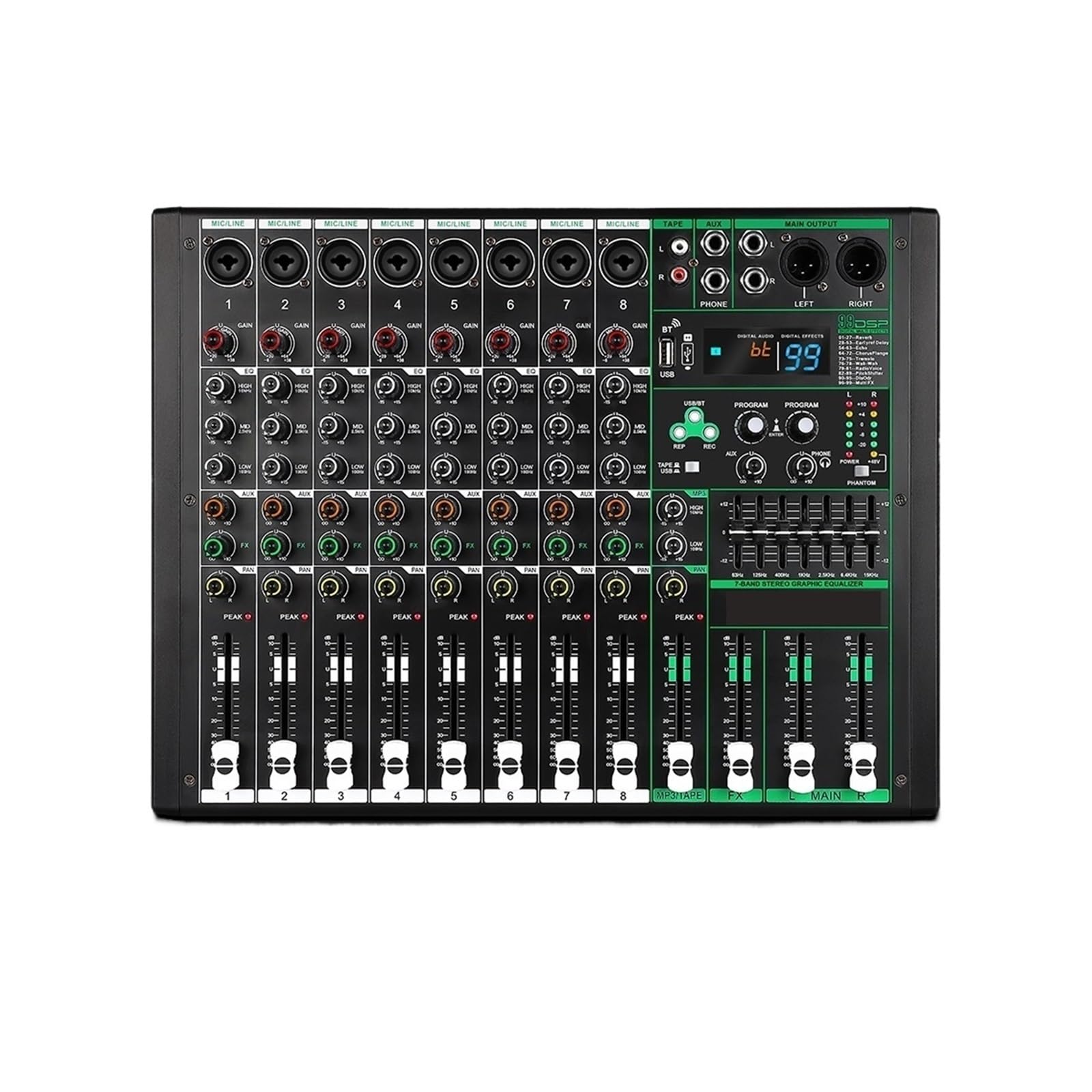 Audiomixer, 8 kanäle Audio Mixer Sound Tisch Professionelle DJ Mischpult 99 DSP Effekte 48V Phantom Power for Sta Studio für Studio-Karaoke