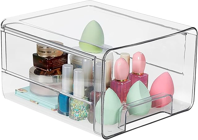 Amazon Brand  Umi Stackable Clear Plastic Makeup Organizer Drawers - Larger Organize Cosmetics and Beauty Supplies Multi-Function Storage Drawer Containers Organizers - 5.6'' in Tall
