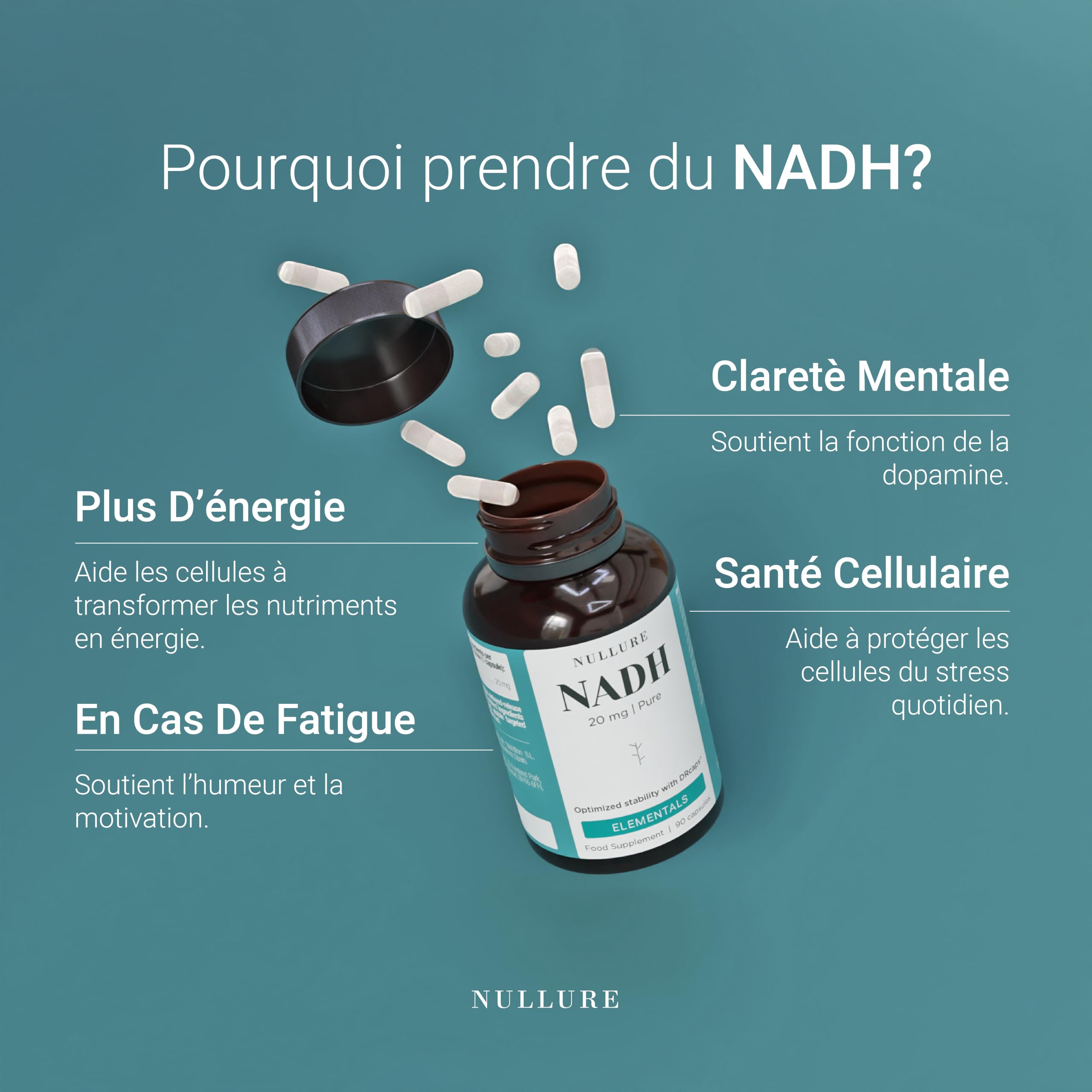 Nullure NADH 20 mg | Absorption optimisée avec DRcaps® | Énergie · Clarté Mentale · Santé Cellulaire | Testé par tiers | Sans Stéarate de Magnésium | Vegan | 90 gélules| Fabriqué à Barcelone