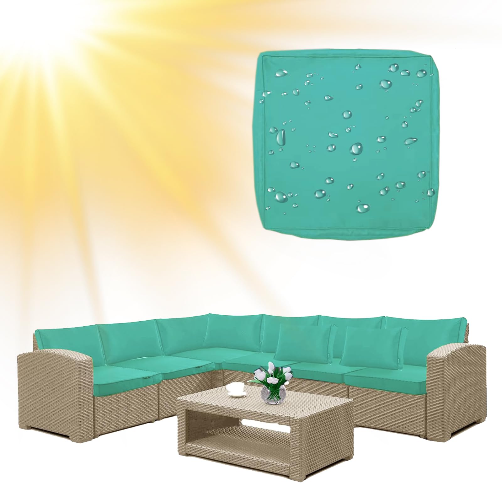 SYLC Water Repellent Patio Cushion Covers UV Resistant Garden Rattan Cushion Covers with Zipper Outdoor Couch Cushion Slipcovers for L Shape/Corner (1 pc 55×50×10 cm,Mint green)