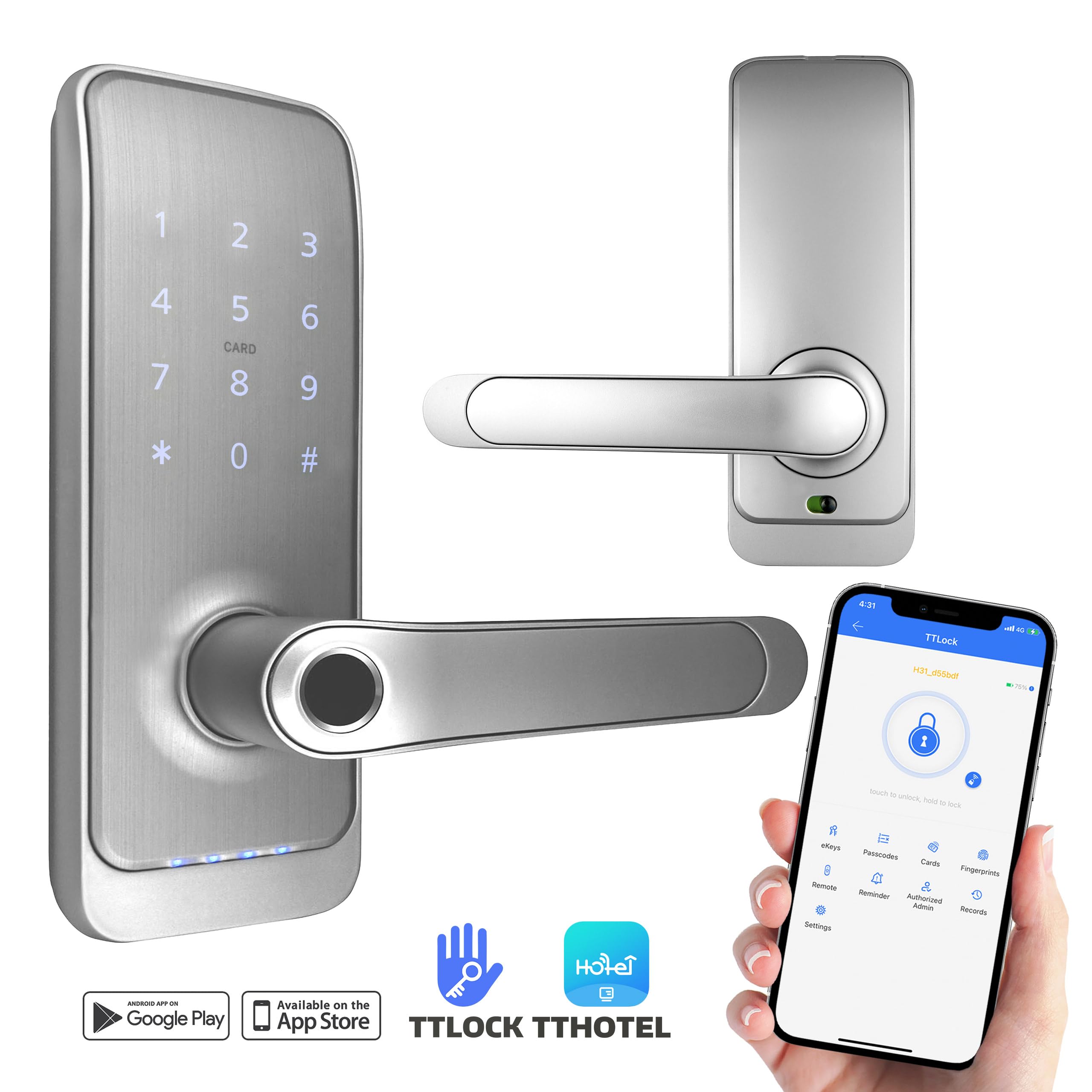 EURA ELH-01H4 Cerradura de puerta inteligente con manija Cerradura de código 13.56MHz Lector de proximidad lector biométrico IP65 Espaciado de cerrojo universal Plata