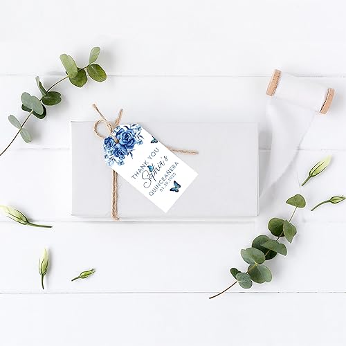 Miniatura 3 de Andaz Press Paquete de 40 etiquetas personalizadas para quinceañera con cuerda, mariposas azules etiquetas de agradecimiento personalizadas y