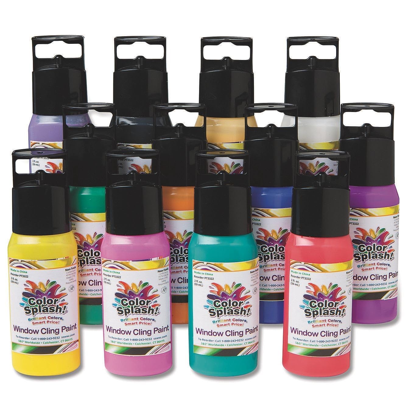 S&S Worldwide Color Splash! Window Cling Paint Asst, 12 Bright Colors in 2-oz Squeeze Bottles With Precision Tips, Create Window Cling Stickers,
