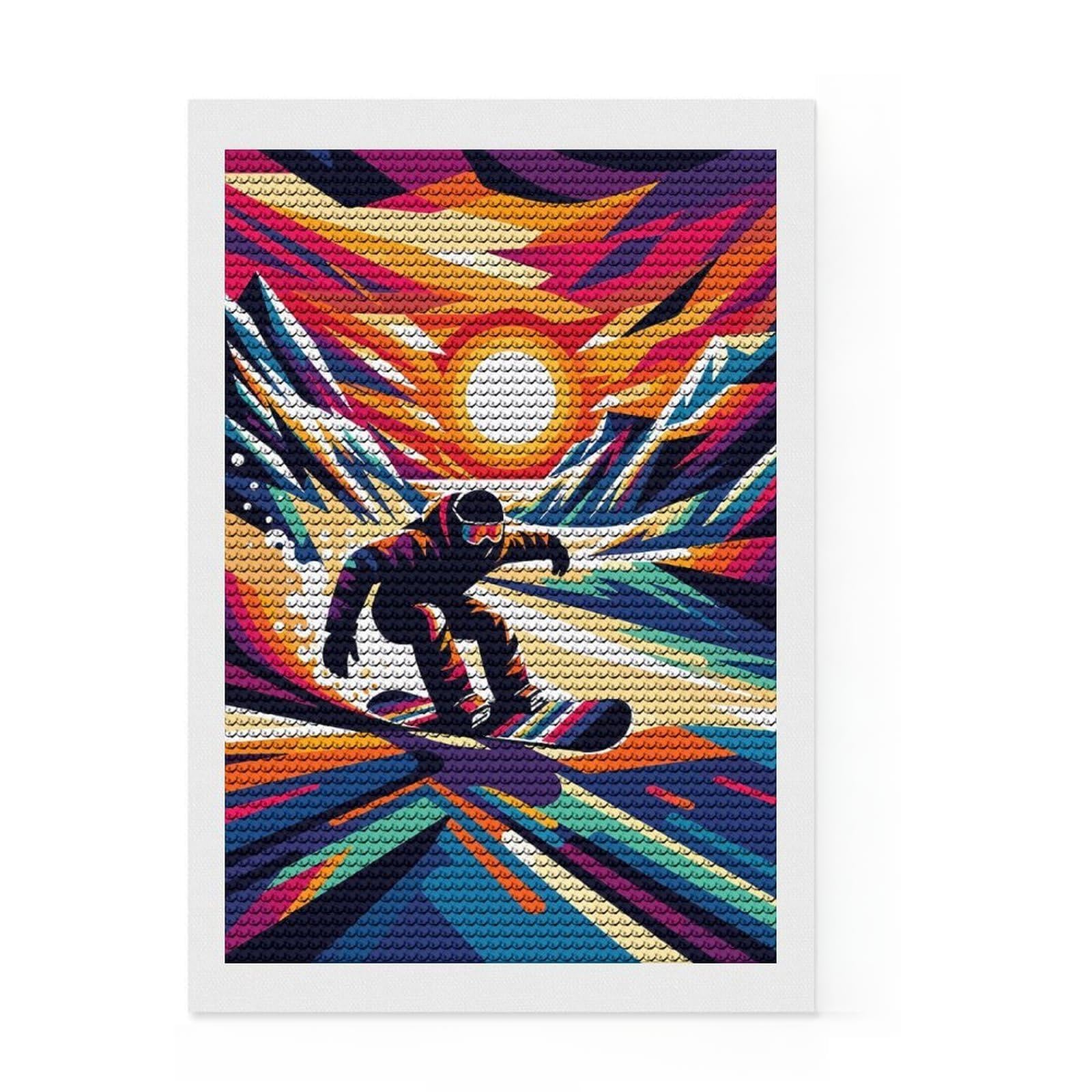 Junmoney Snowboarding WPAP Sunset Diamond Painting Set 8"x12", Festive Home Decor, with Tool Kit, Gift Idea, Thoughtful Present, Creative Hobby
