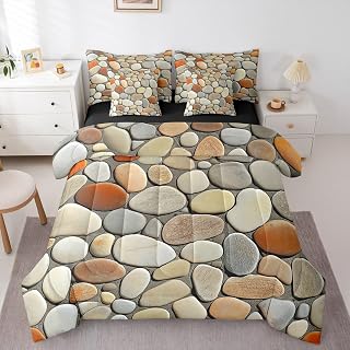 Pebble Full Size Bed Sheets and Comforter Set - 3D Stone Gravel 7 Piece Bedding Set Garden Cobble Print Bed in a Bag, Cobblestone Hawaii Beach Room Decor,Light Brown