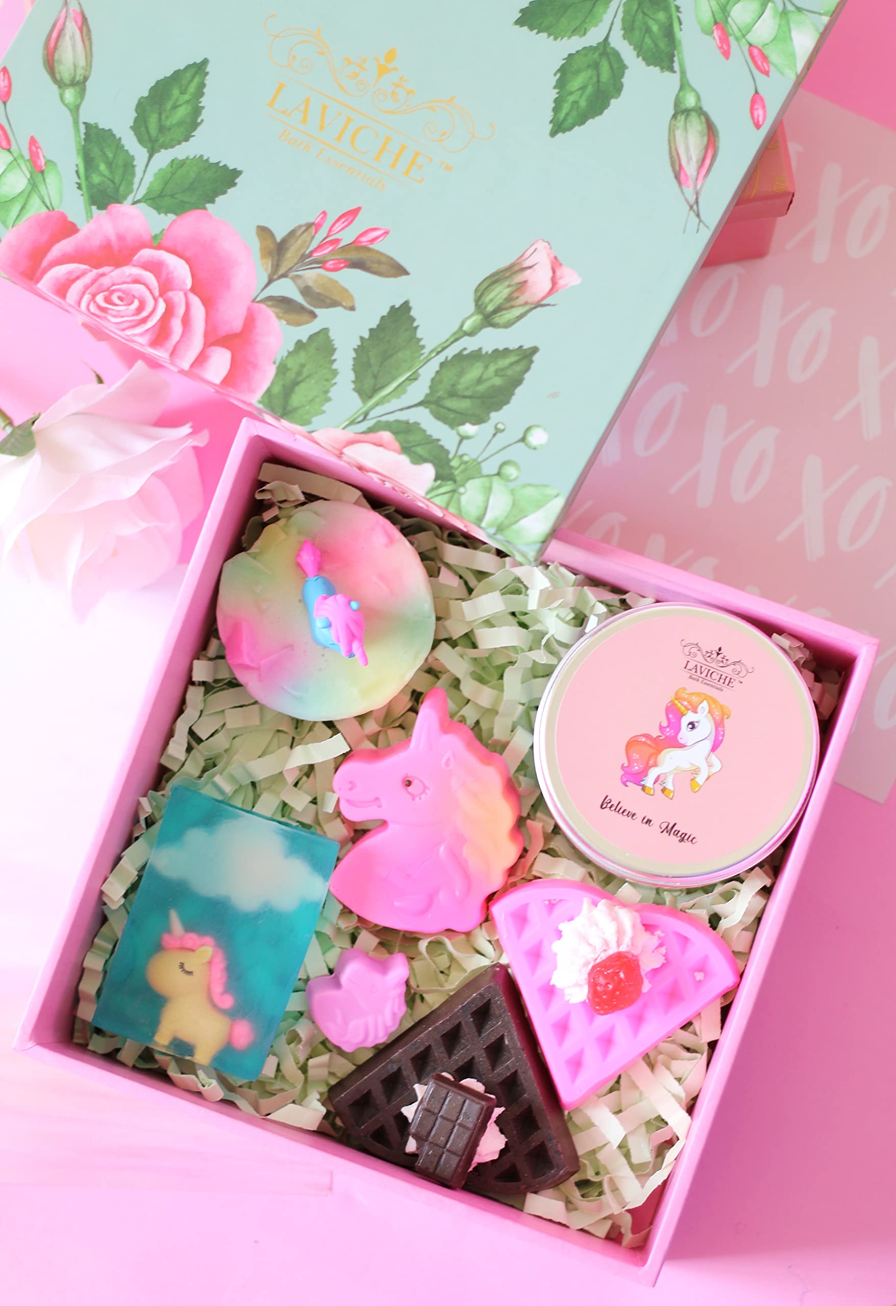 Laviche Bath Essentials Unicorn Gift Set For Kids | Mini Unicorn Soaps Box, Unicorn Family Soap, Cloudy Unicorn Soap, Unicorn Eraser Soap, Strawberry waffle, Chocolate waffle | Gift Box for Christmas-picture-17