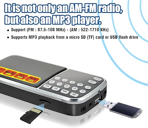 Miniatura 2 de Radios pequeñas portátiles AM FM, radio con batería de gran capacidad recargable, tarjeta TF tarjeta micro SD ranura USB reproducción de MP3,