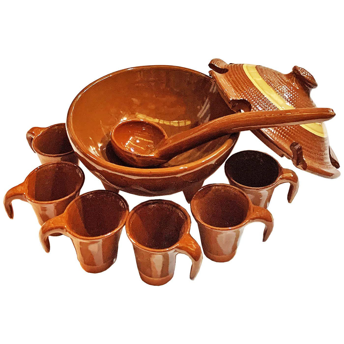 Tradineur - Juego de queimada de Barro con Tapa 6 Tazas y cucharón, artesanía gallega Tradicional, Fabricado a Mano, marrón, Ideal para Celebraciones, Fiestas