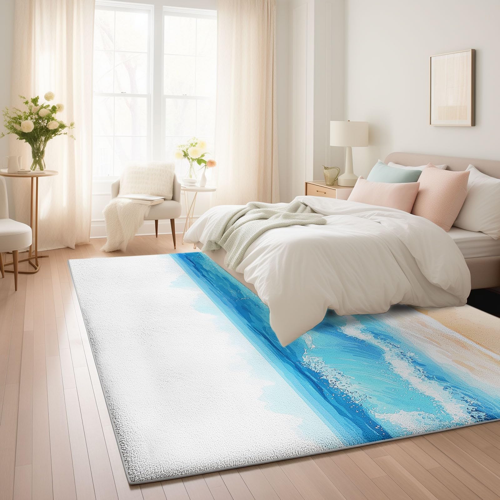 Nowoczesny, naturalny dywan 160 x 230 cm, podwójny, antypoślizgowy dywan podłogowy z narożnymi taśmami, plaża, fale morskie, piasek, zmywalny i chłonny, niski runo, do przestronnego pokoju zabaw i