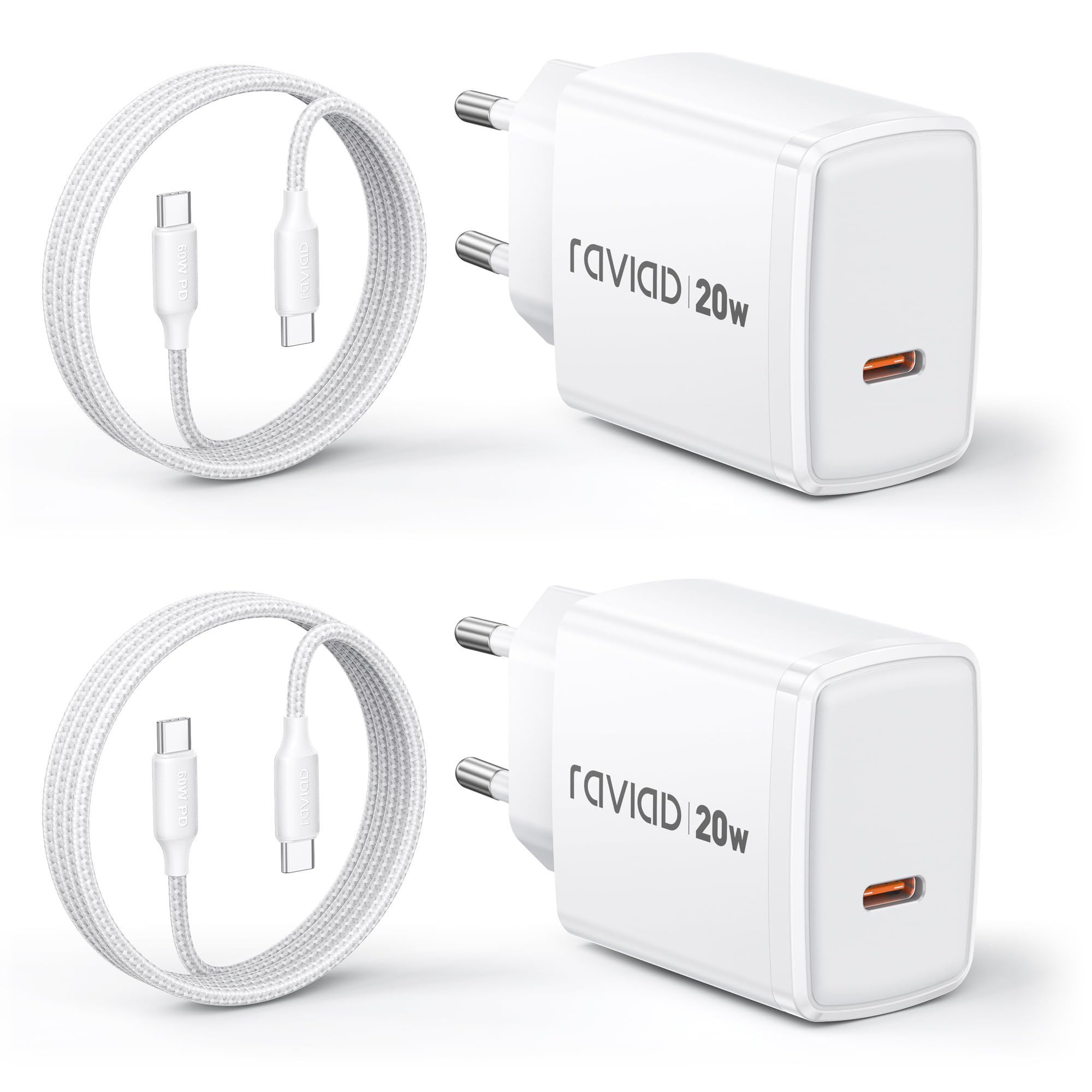 RAVIAD USB C Ladegerät 2er-Pack 20W Schnellladegerät mit 60W USB C Kabel 2M