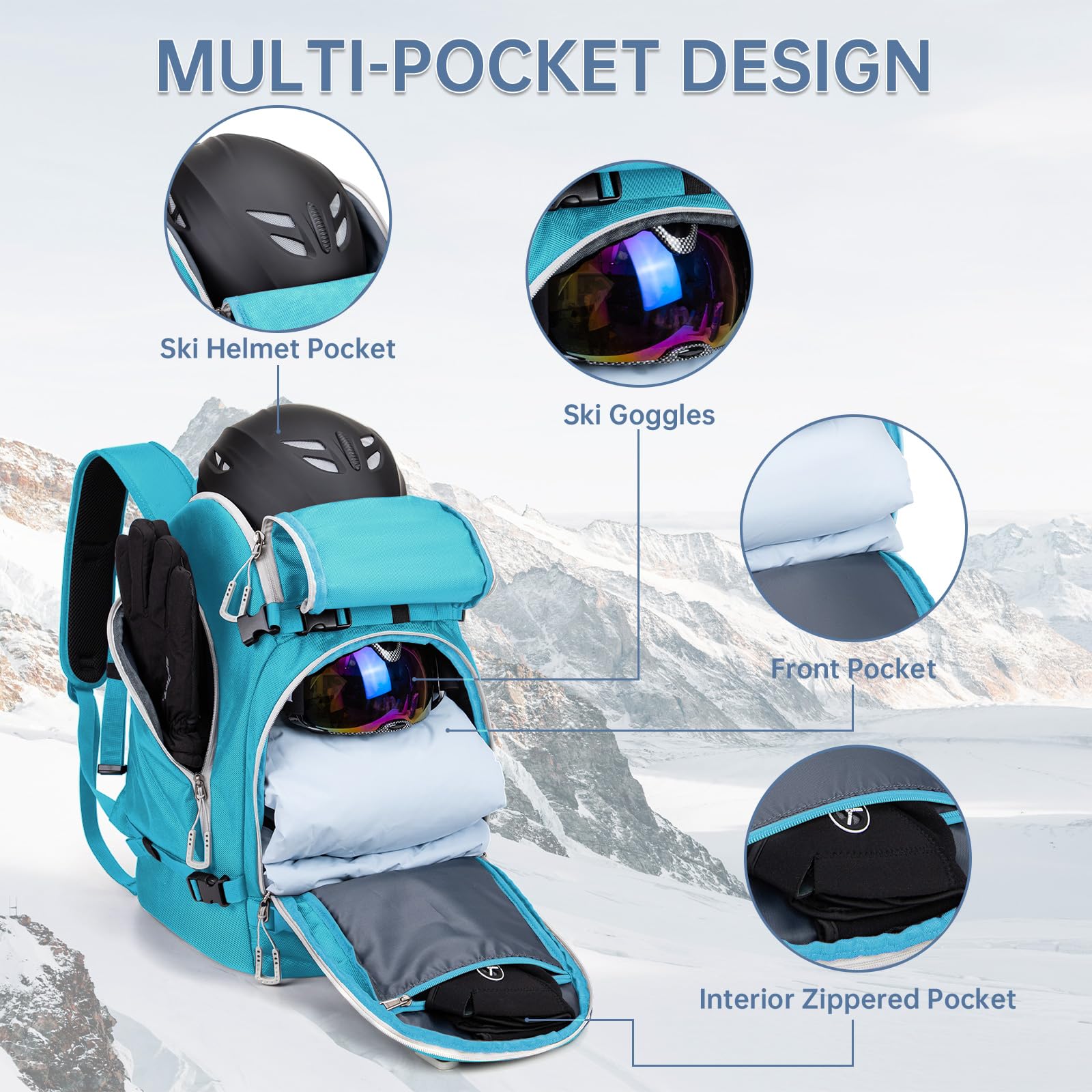 MIGGEEY Borsa per scarponi da sci con scomparto per casco e scomparto per stivali [50 l], zaino da sci con tasca per casco, borsa da sci con funzione di tracolla e spazio per accessori da sci