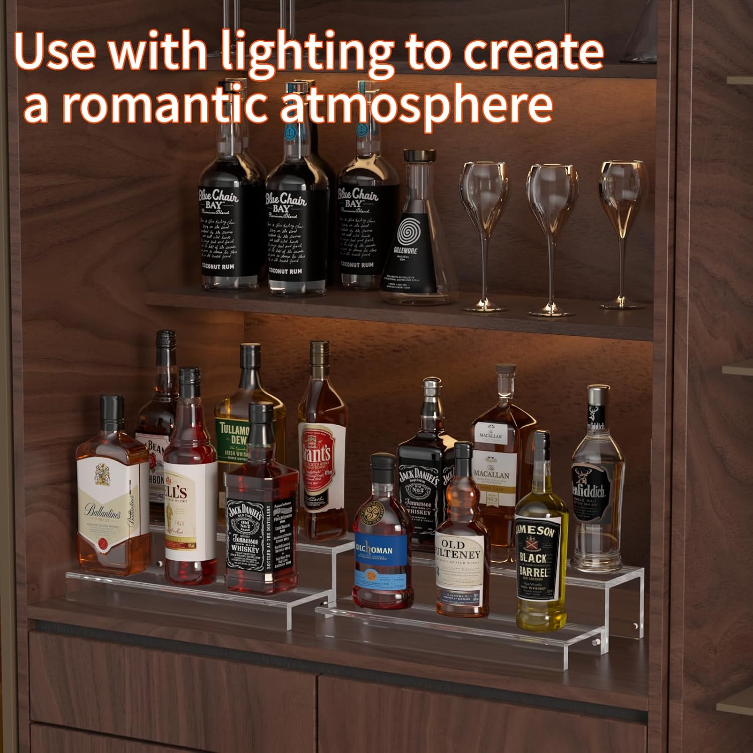 JUESHA 2 Tier Liquor Bottle Display Shelf, 15" Acrylic Bar Shelves Stand for Countertop, Step Alcohol Bottle Organizer for Wine Drinks Whiskey Bar Display (Patent: D1076520s)