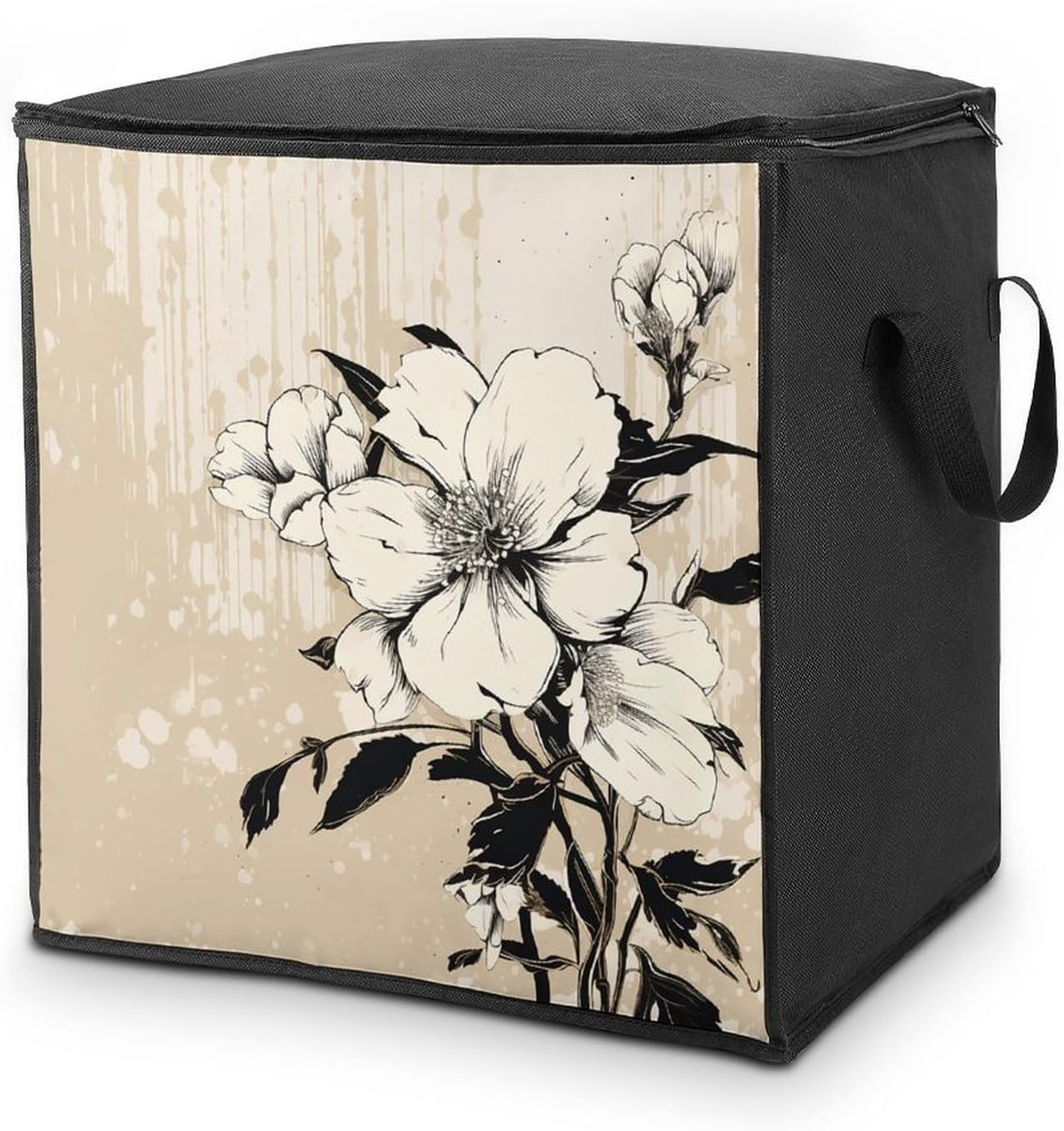 Portable Quilt Storage Bag,Beige Floral Pattern Printed Foldable Wardrobe Storage Box Foldable Storage Bag with Lids And Handle Large Clothing Storage Bag for Comforters Clothes Blankets Pillows