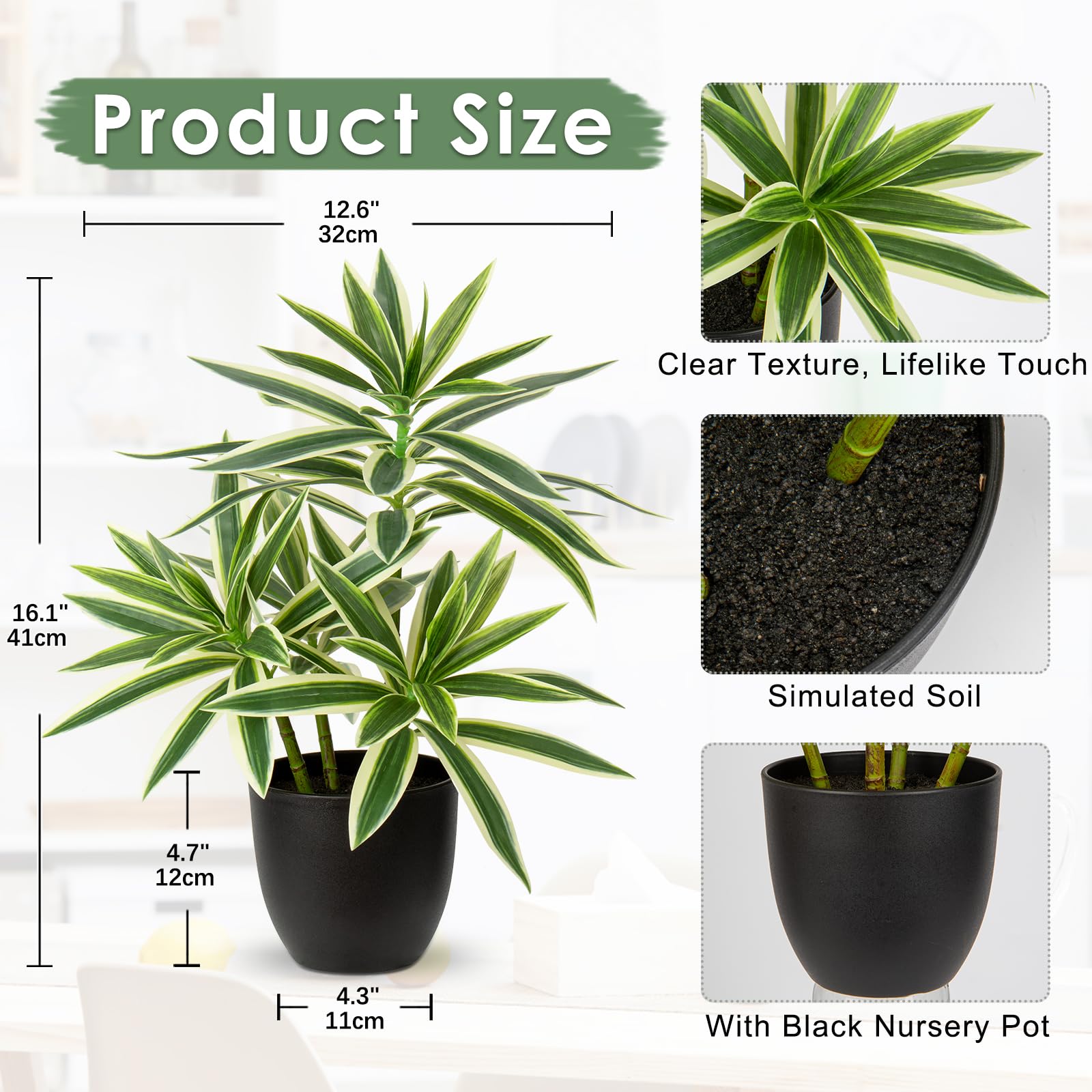 Oairse 41cm Fake Plants in Black Pots Artificial Dracaena Plant Decorative Fake Potted Plants Realistic Faux Indoor Plant For Home Bathroom Living Room Kitchen Shelf Table Decoration - Image 2
