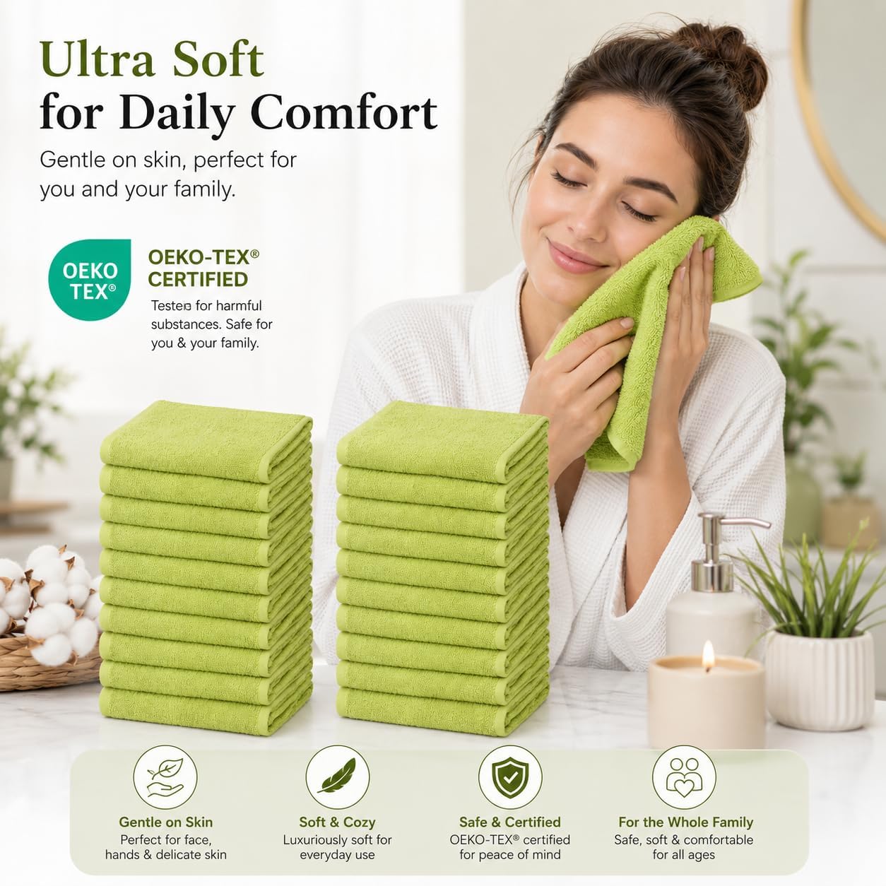 Washcloths Pack of 24, 12x12 Inch Face Towels, 100% Ring-Spun Cotton Wash Cloths, Ultra Soft, Highly Absorbent, Quick Dry Fingertip Towels for Bathroom, Gym & Home Use (Green) image 5