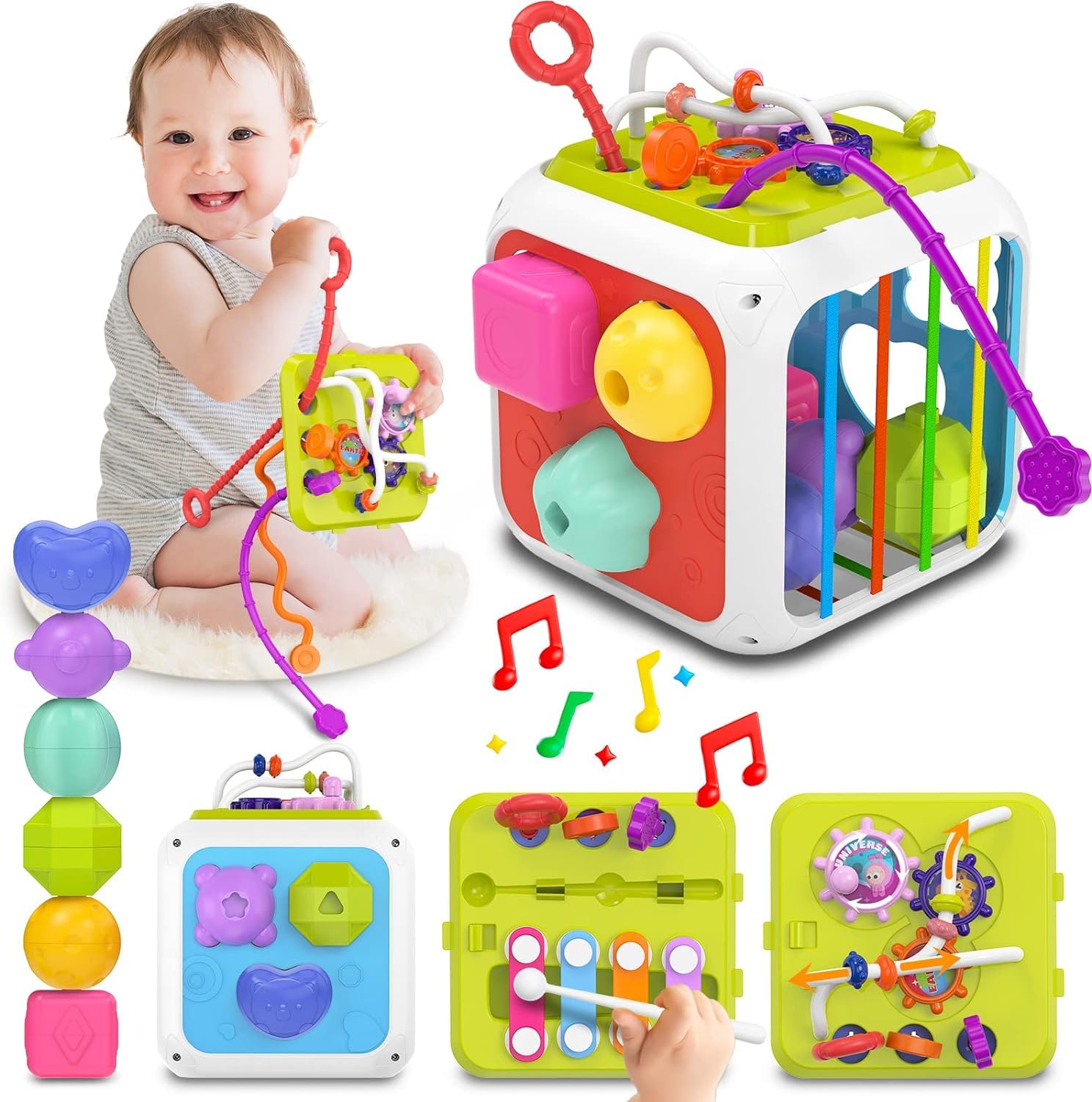 Baby Sensory Bin Shape Sorter Toy for 1 Year Old, Colorful Sensory Stacking Toys for Babies 618