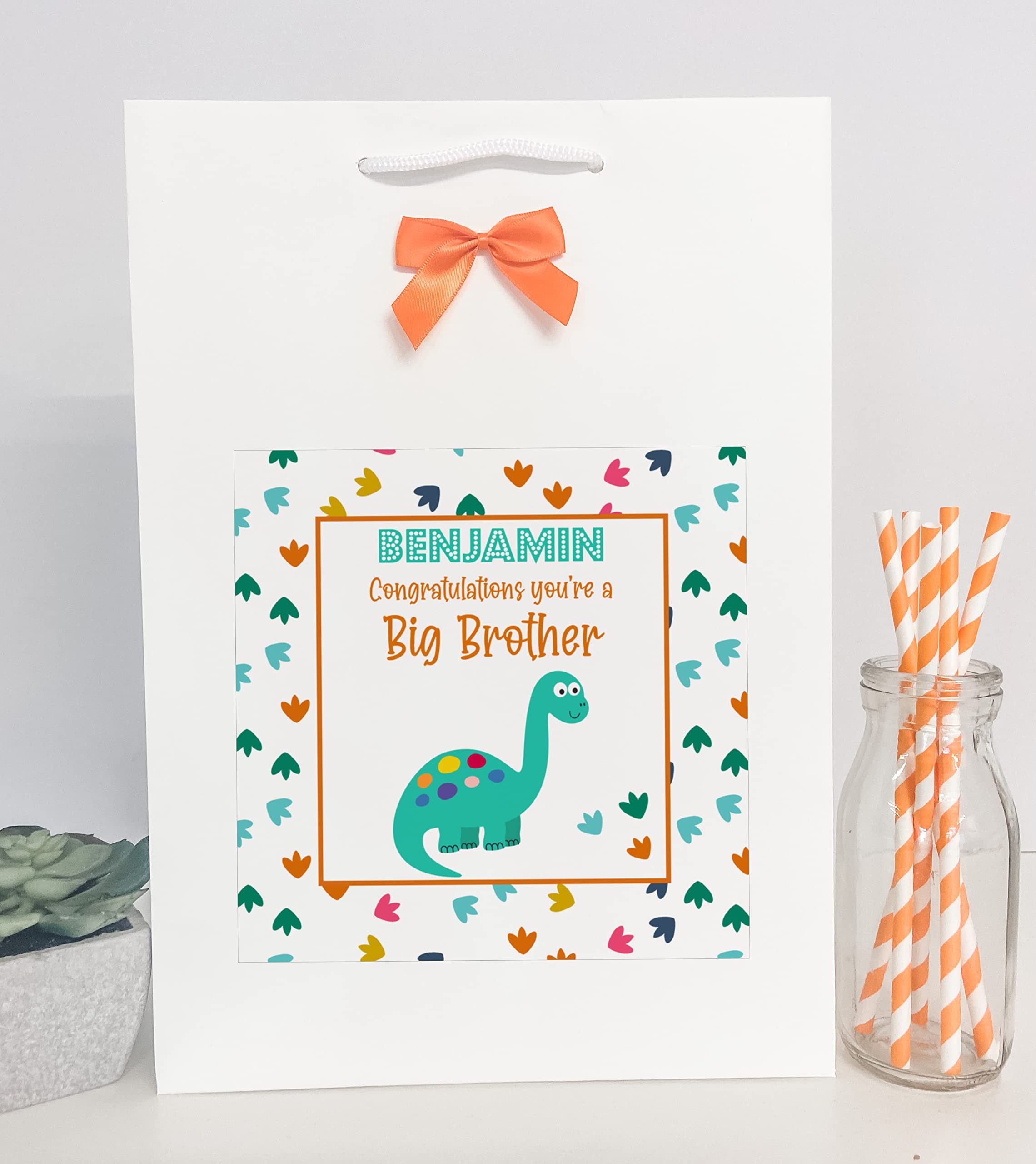 Personalised New Big Brother Sister Gift Bag Dinosaur (Large W24 H34 D9.5 cm)