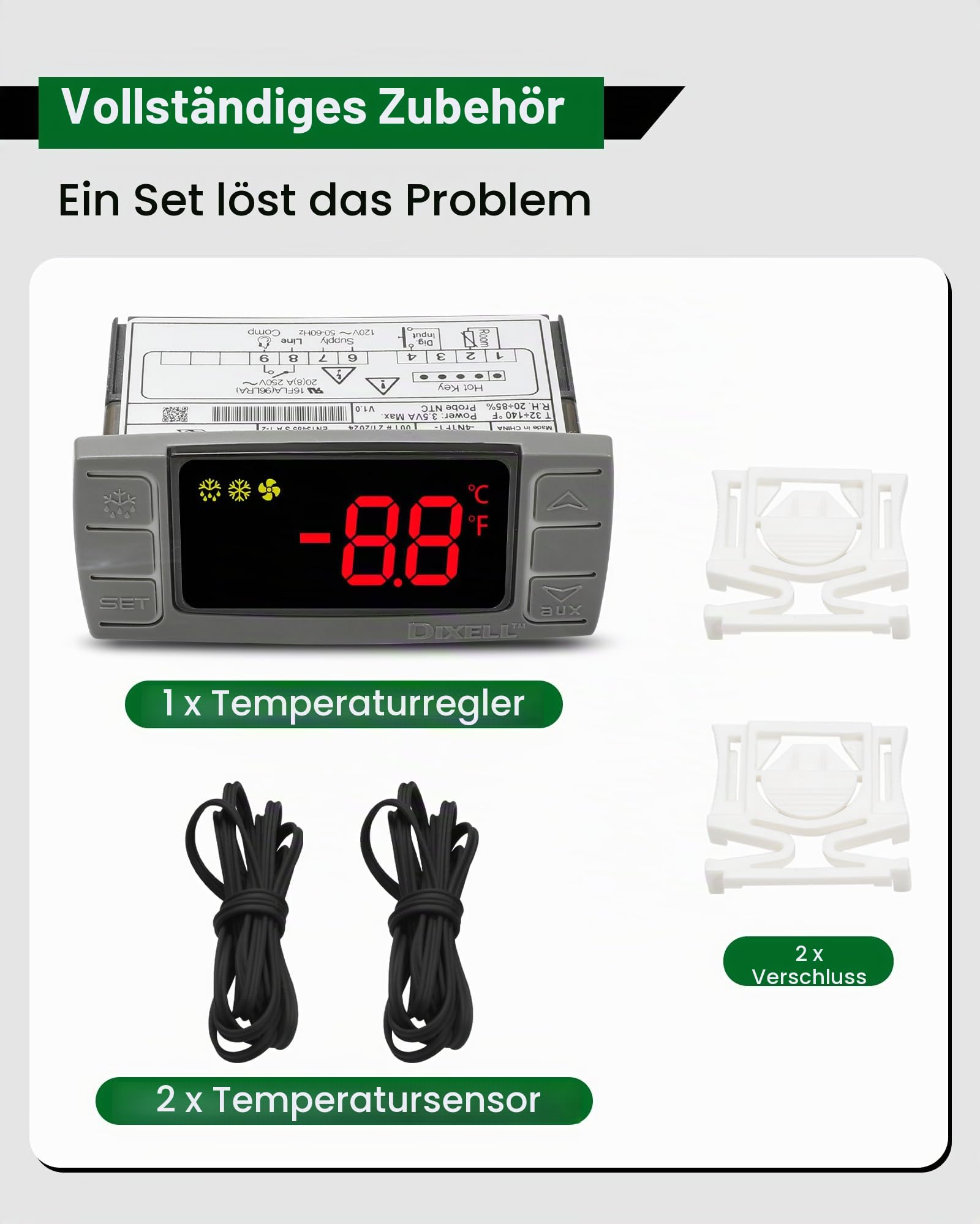 Dixell XR02CX-4N1F1 Temperaturregler, Ersatz für Dixell Temperaturregler, passend für 120 V 50-60 Hz kommerzielle Kühlschränke / Gefrierschrank, mit Temperatursensorsonden und Verschluss