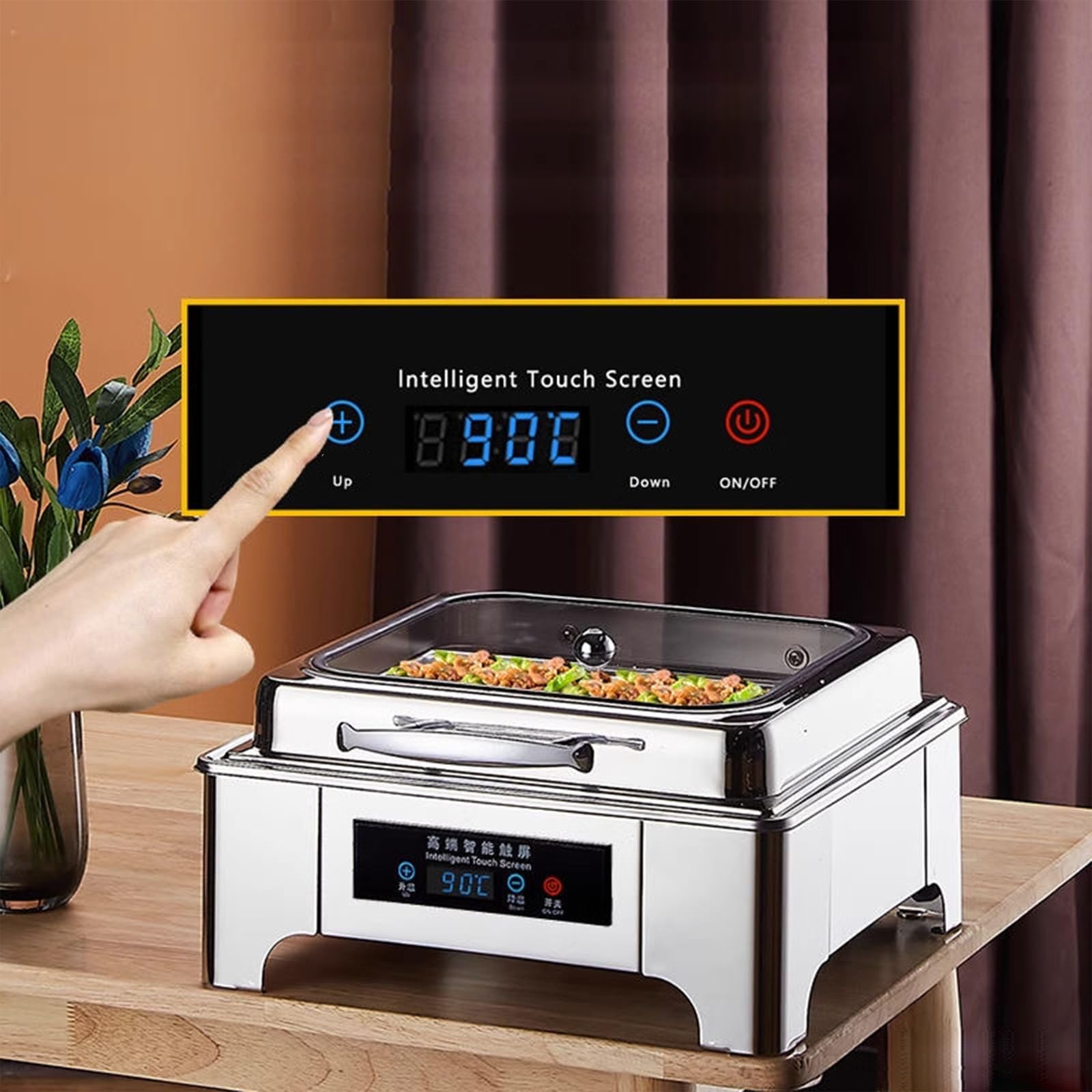 Calentadores de alimentos de buffet con temperatura ajustable y tapa de vidrio para servir en la mesa