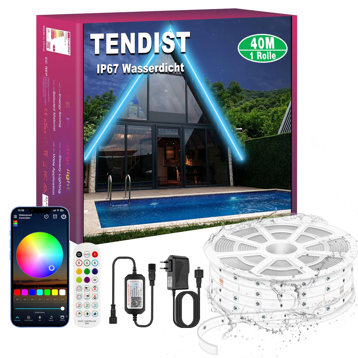 40M IP67 RGB LED Streifen Aussenbereich Wasserdicht, Bluetooth Outdoor LED Strip mit App, Remote und Music Sync, Lichtband Selbstklebend für Garten, Balkon, Terrasse, Festival (40M*1)