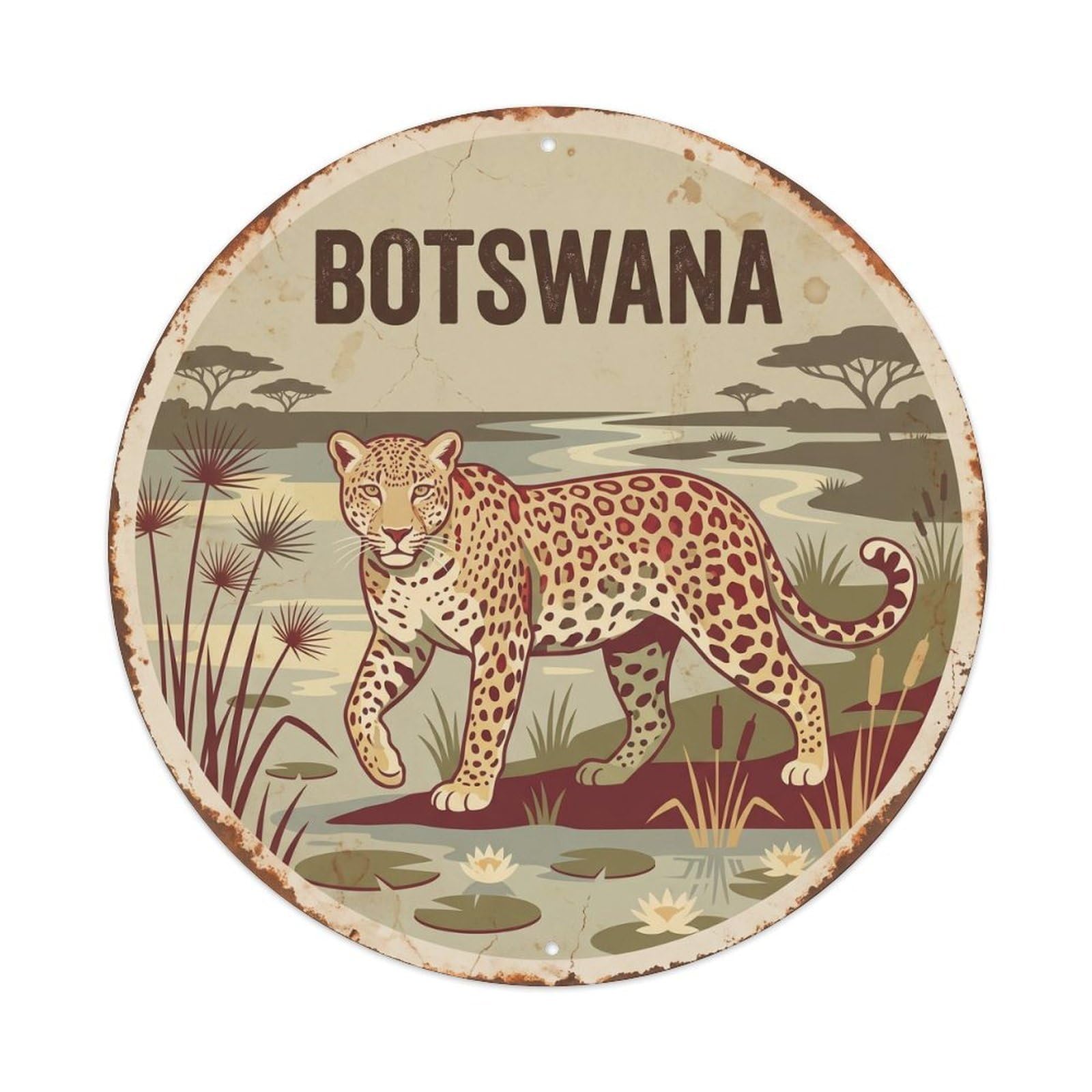 Botswana Leopard Riverbank Reeds Metal Tin Sign