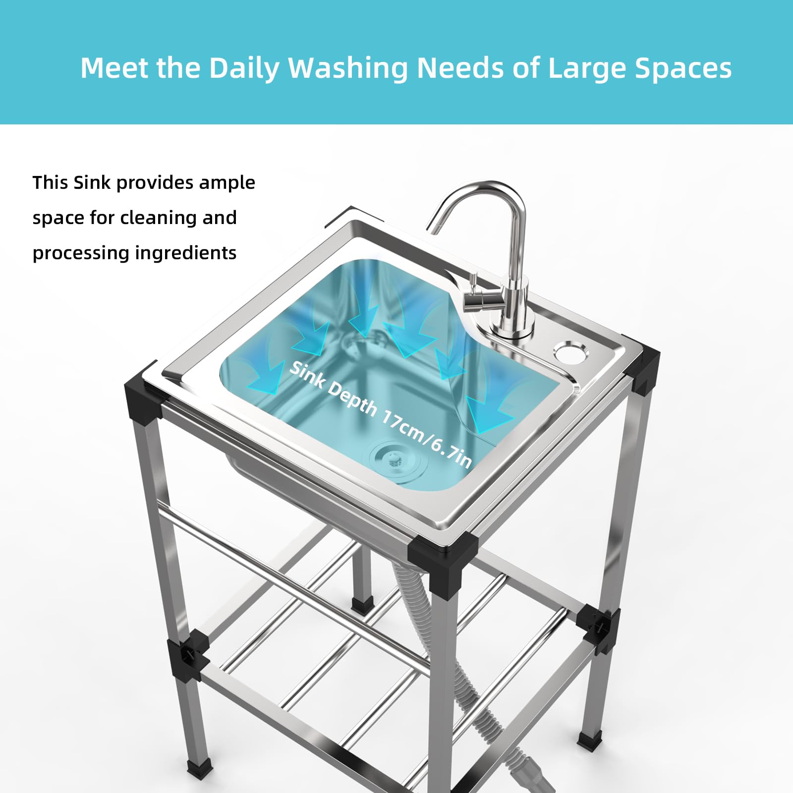 Lavabo Indipendente da Cucina Inox, Lavello da Esterno con Rubinetto | Lavello Commerciale Autoportante Lavello di Utilità Lavabo Cucina Lavamani Industriale Per Garage Cortile Giardino 42X37cm