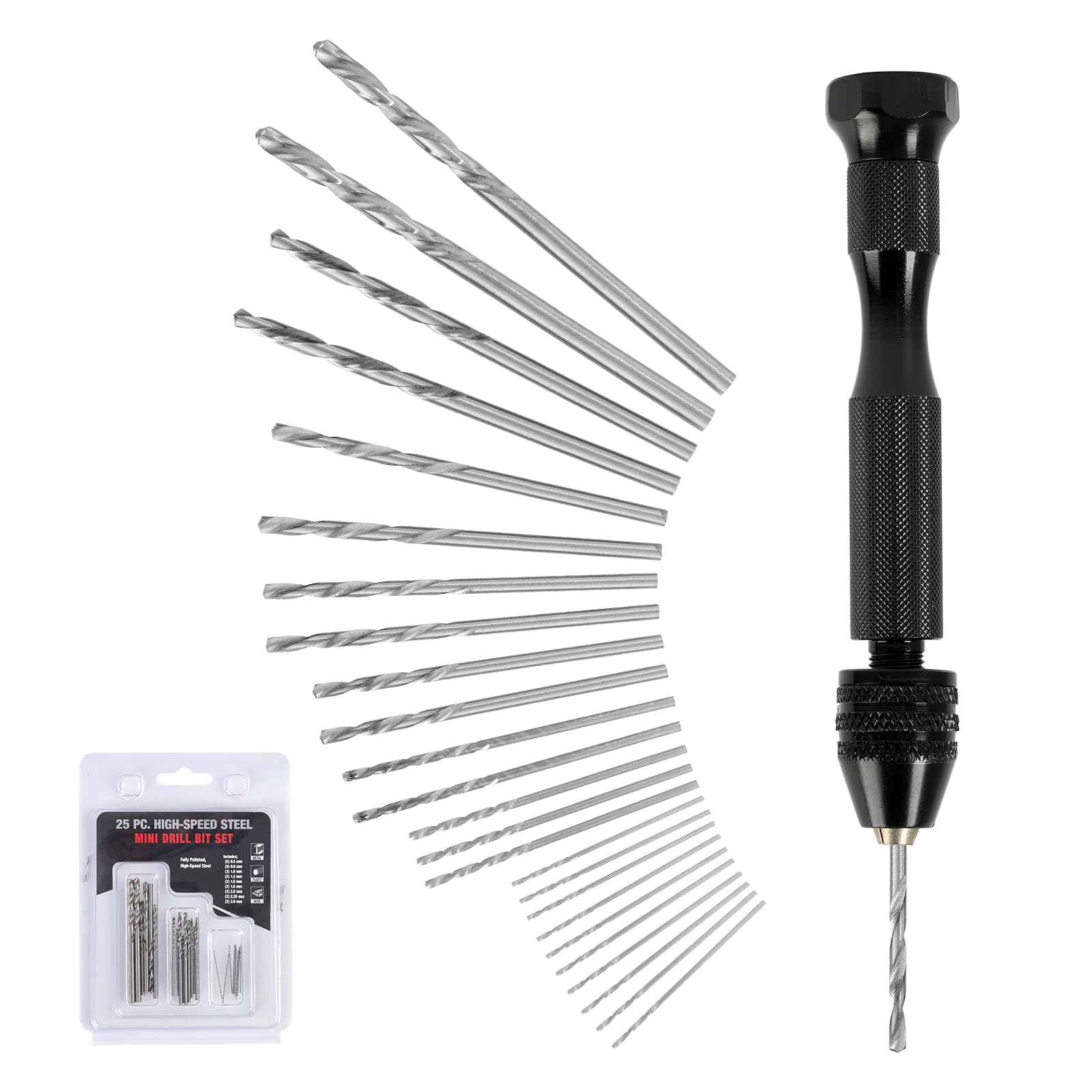 9 cm Manual Drill with 25 Pieces Micro Drill Bits 0.8-3 mm Mini Manual Drill Metal Vice with Drill Bits Set for Jewelry, Crafts and Model Making Projects.