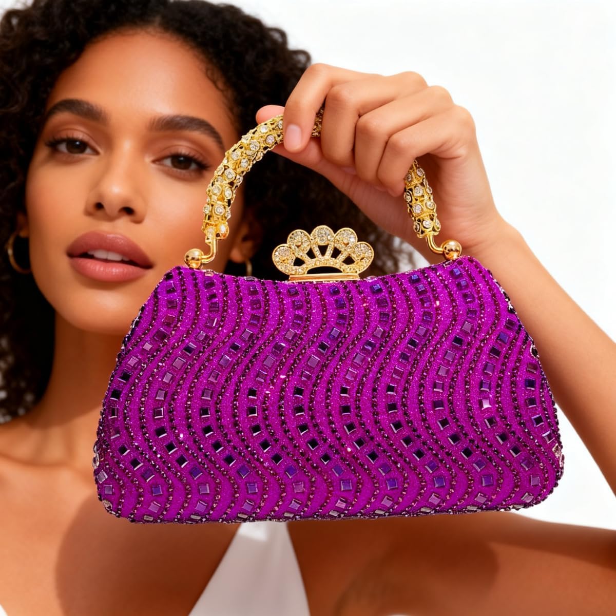 Women's Crystal Evening Rhinestone Handbag with Gold Handle Crown Claspr, Detachable Chain Formal Purse for Prom Gala for Wedding Party (Fuchsia)