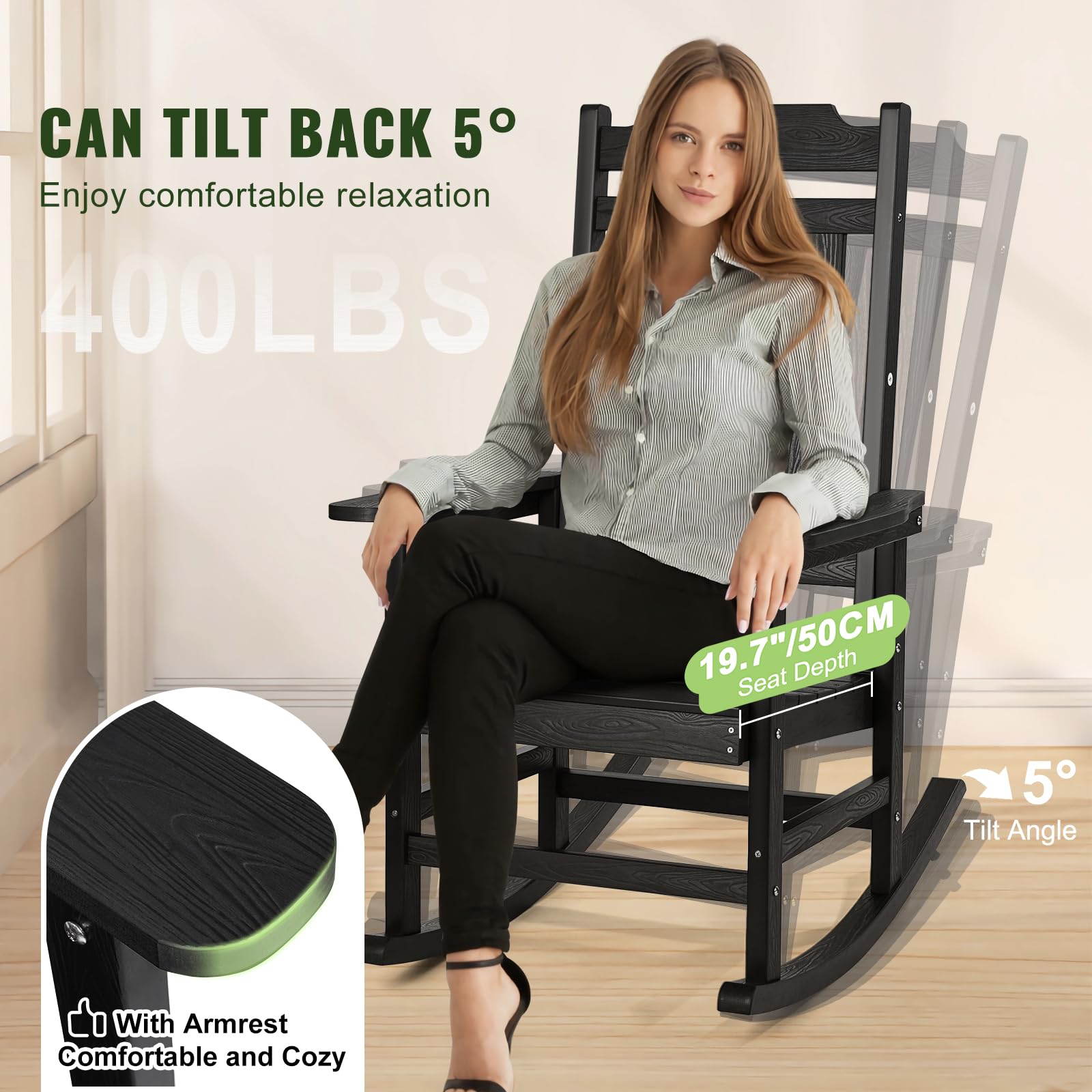 VEVOR Mecedora de Porche Hips de 87 x 71 x 110 cm para Exteriores, Mecedora al Aire Libre con Respaldo Alto, Reposabrazos Suaves, Capacidad de Peso de 181,44 kg para Jardín, Balcón, Porche, Negro