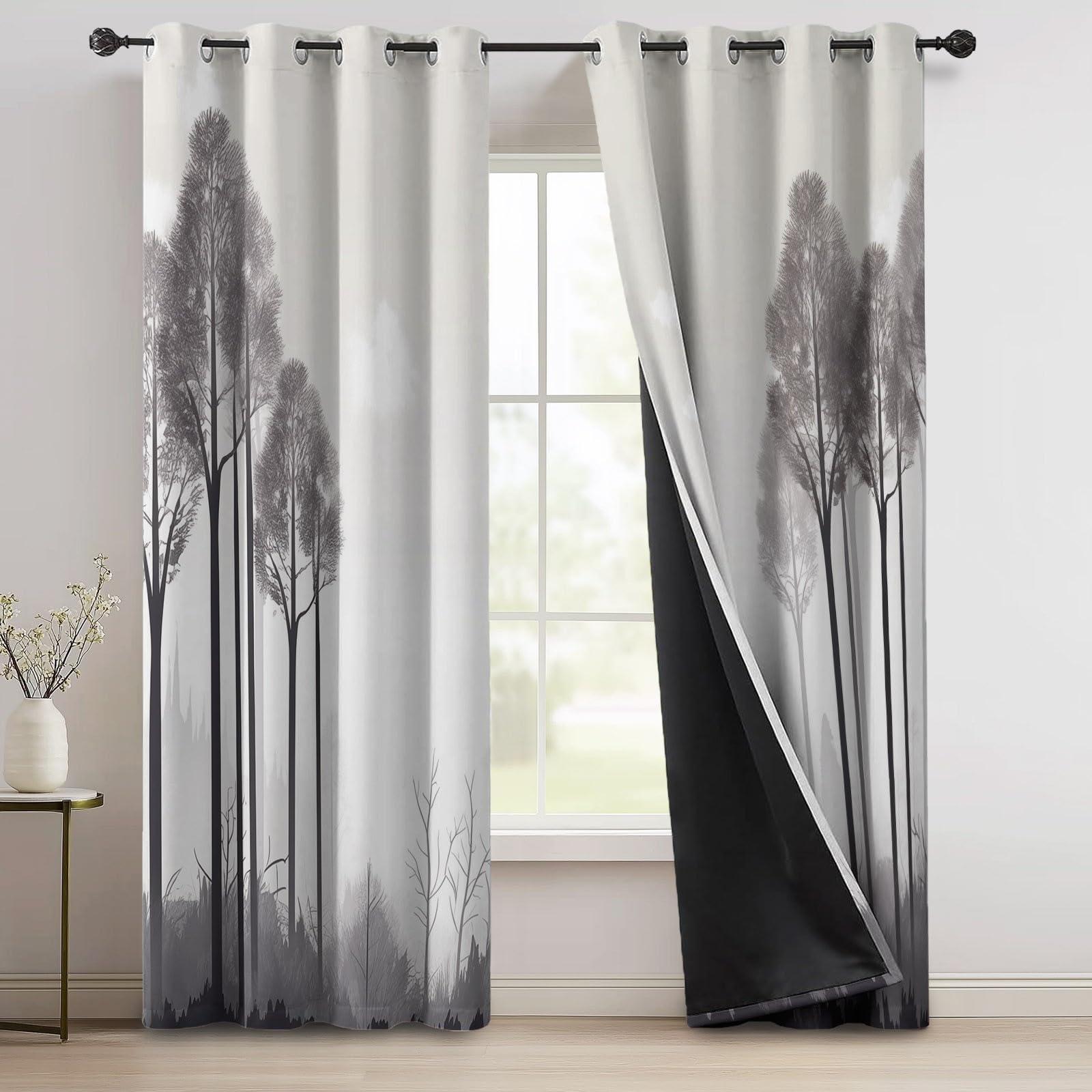Zasłony zaciemniające do sypialni szer. 117 cm x dł. 229 cm (2 panele), abstrakcyjne drzewa dżungli, latające ptaki, zasłony na przelotkach do salonu, izolacja termiczna, zasłony okienne do jadalni