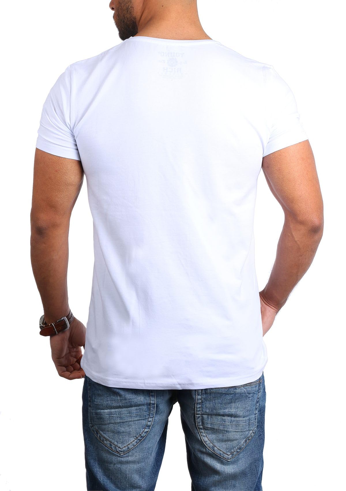 Young & Rich Herren Uni T-Shirt Basic mit extra tiefem V-Ausschnitt Slimfit deep V-Neck Stretch dehnbar 1315