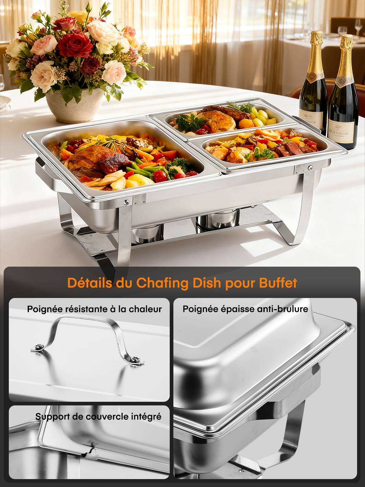 FOHERE 9L Chafing Dish Buffet Lot de 2, 4 Plats, Acier Inoxydable | Inclut GN1/1, 1/2, 2×1/4 Chauffe Plat Buffet pour hôtel, restaurant, mariage, réception, traiteur, acier inox durable.