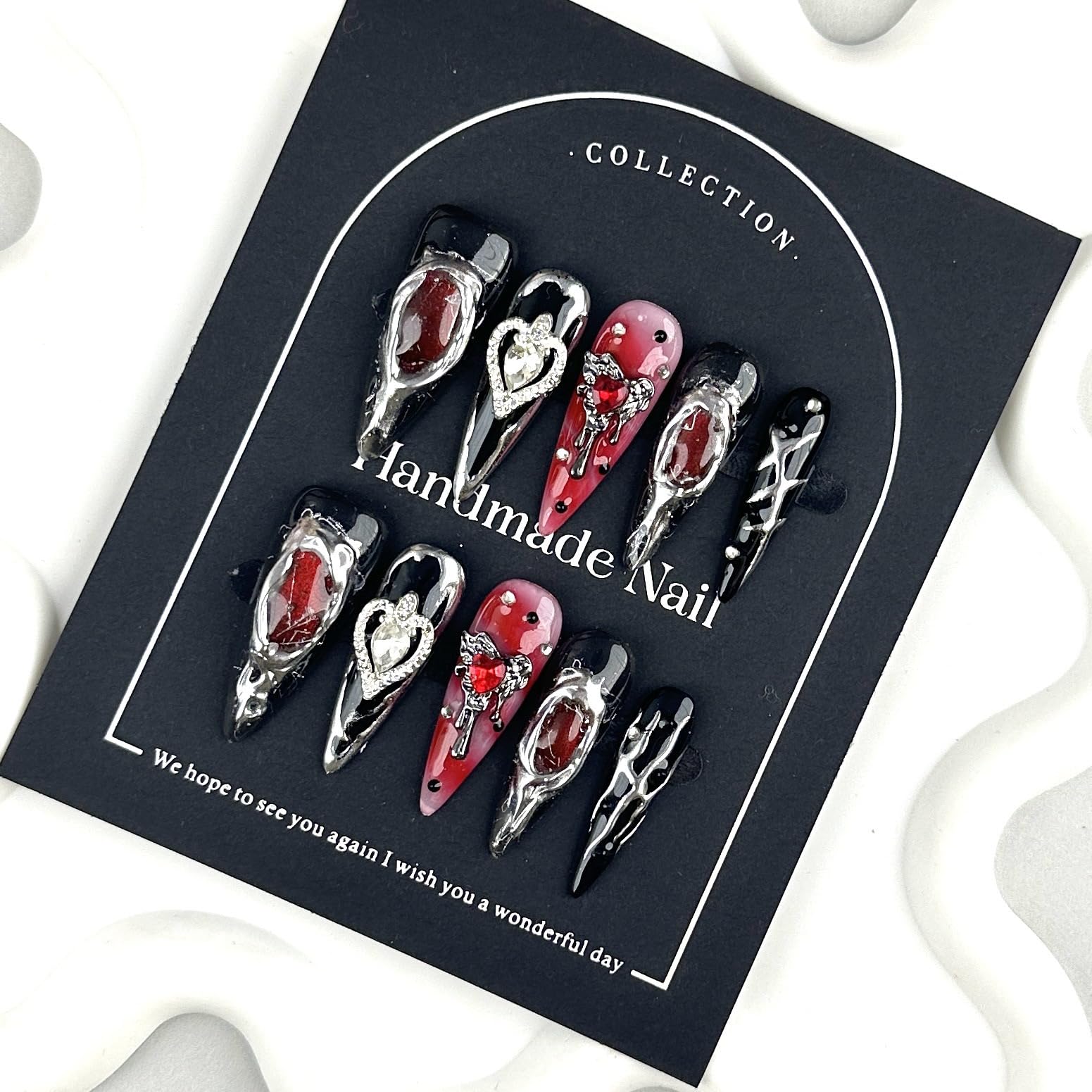 100% 5D Handmade Press on Nails Balck False Nails with Heart Charms Long Stiletto Nails Press ons Ombre Red Press on Nails Handmade Fake Nails for