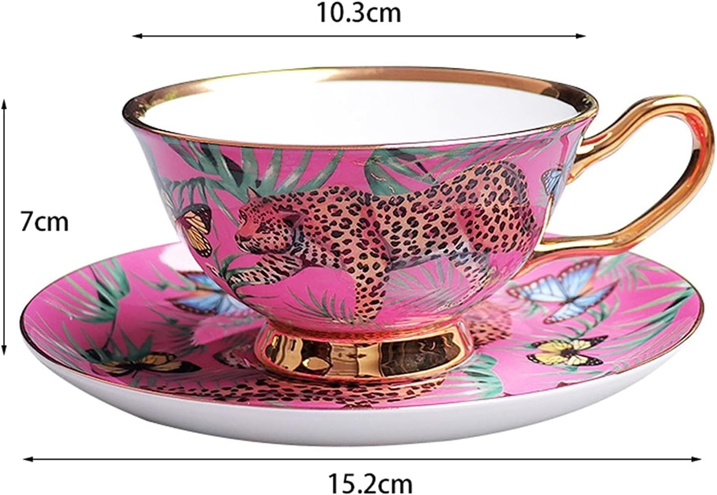 Simple Porcelain Leopard Coffee Mug and Saucer Set, 6.76oz/200ml Cute Unbreakable Espresso Cups Cappuccino Warmer Mugs with Handle Smoothie Cups Teacups Breakfast Pineapple Tea Cup Party Cups Dec
