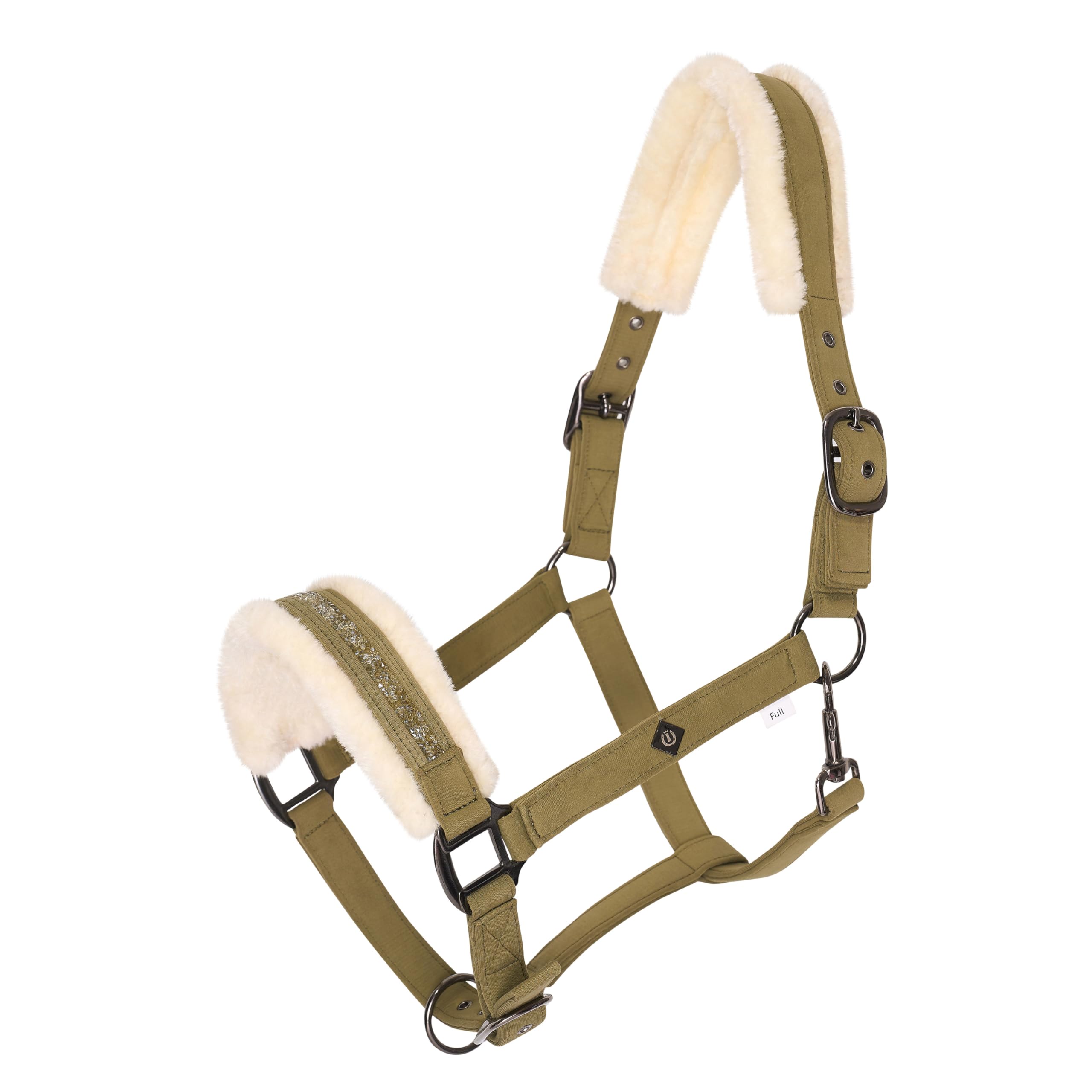 Imperial Riding Headcollar IRHJewel - Glamorous Softshell Halter with Faux Fur Padding & Rhinestones, Adjustable, Comfortable Horse Halter for Stable, Training & Pasture, Olive Green, Full