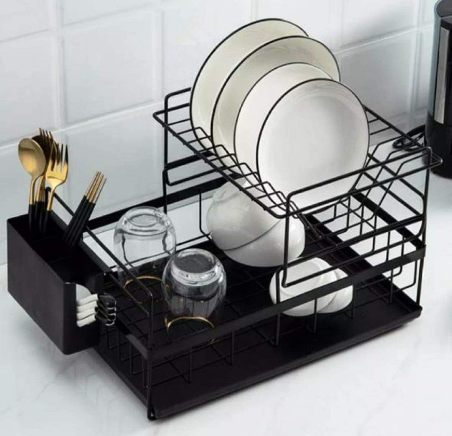 - Kitchen Dish Rack Steel |Dish Drainer | Drying Rack with Removable Drain Board, Rack 2-Tier Large, Size(43L x 31W x 18H cm), Alloy Steel, Black (Black)