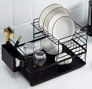 HomeCloud Kitchen Dish Rack Steel |Dish Drainer | Drying Rack with Removable Drain Board, Rack 2-Tier Large, Size(43L x 31W x 18H cm), Alloy Steel, Black (Black)