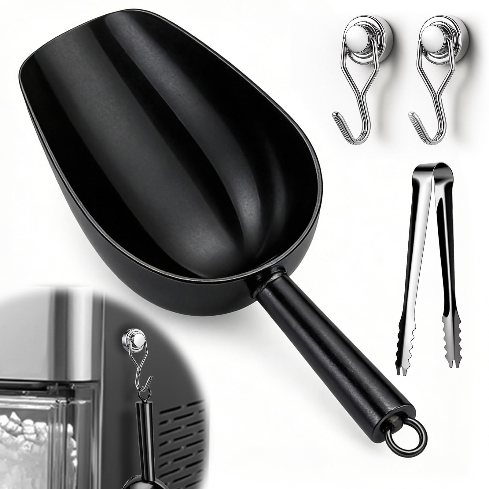 Juome 6oz Stainless Steel Ice Scoop for Freezer with Magnetic Holder, Black