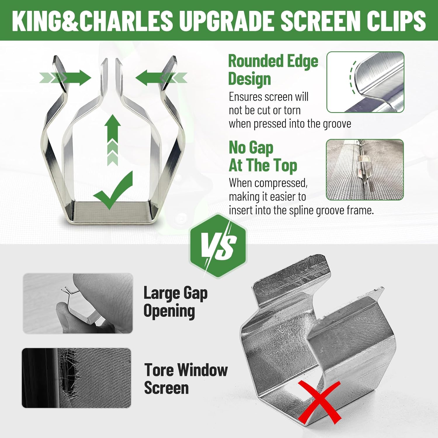 King&Charles Window Screen Door Repair/Replacement Kit, Include Black Screen Mesh 48"x118"+ 2 Roller+50Ft Spline+8Clips+Hook, 6 in 1 Window Mesh Kit, Steel/Nylon Bearing Roller