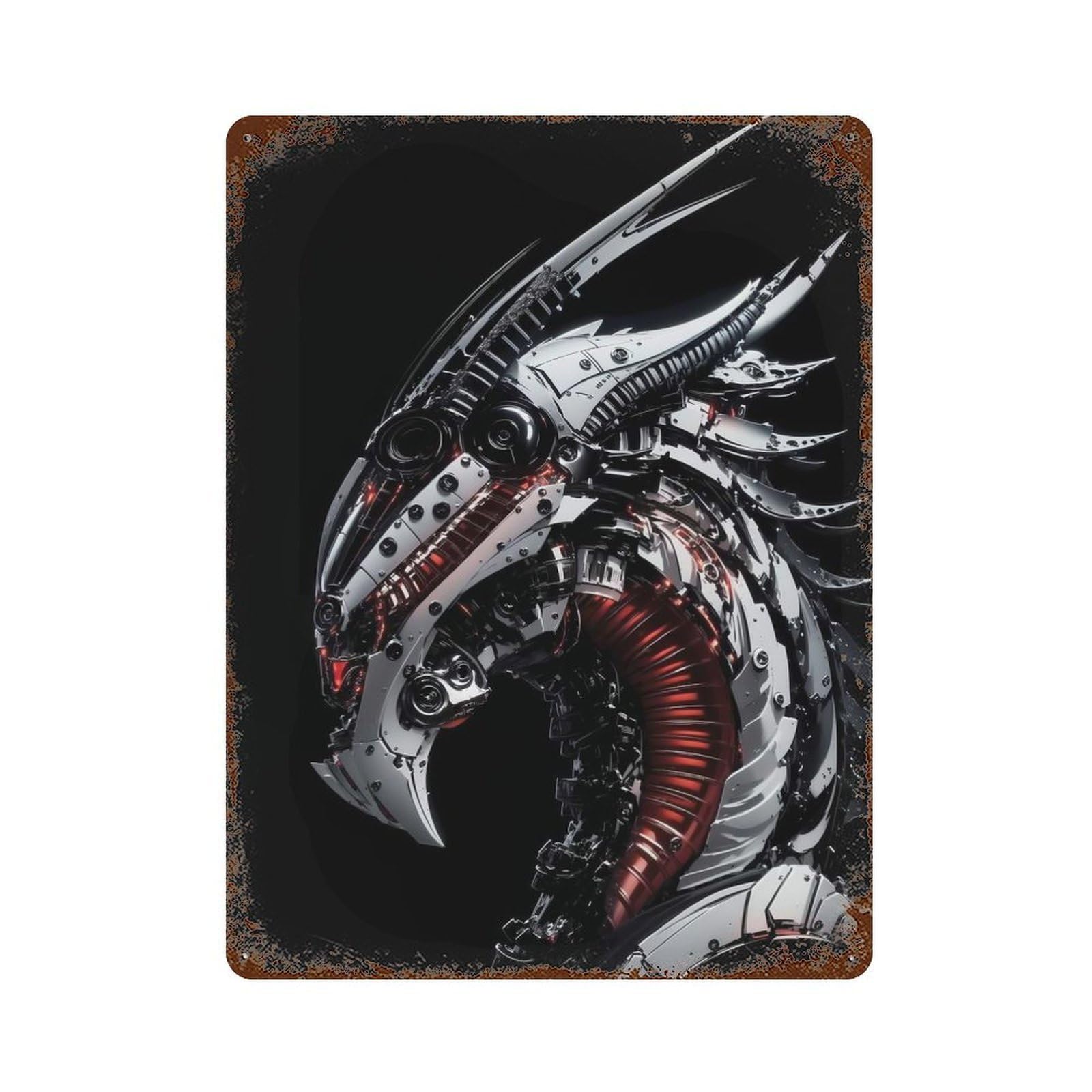 Cybernetic Dragon Head 15.7"x11.8" Weathered Tin Sign, Shabby Chic Decor for Cafe, Home Bar And Lounge Decor