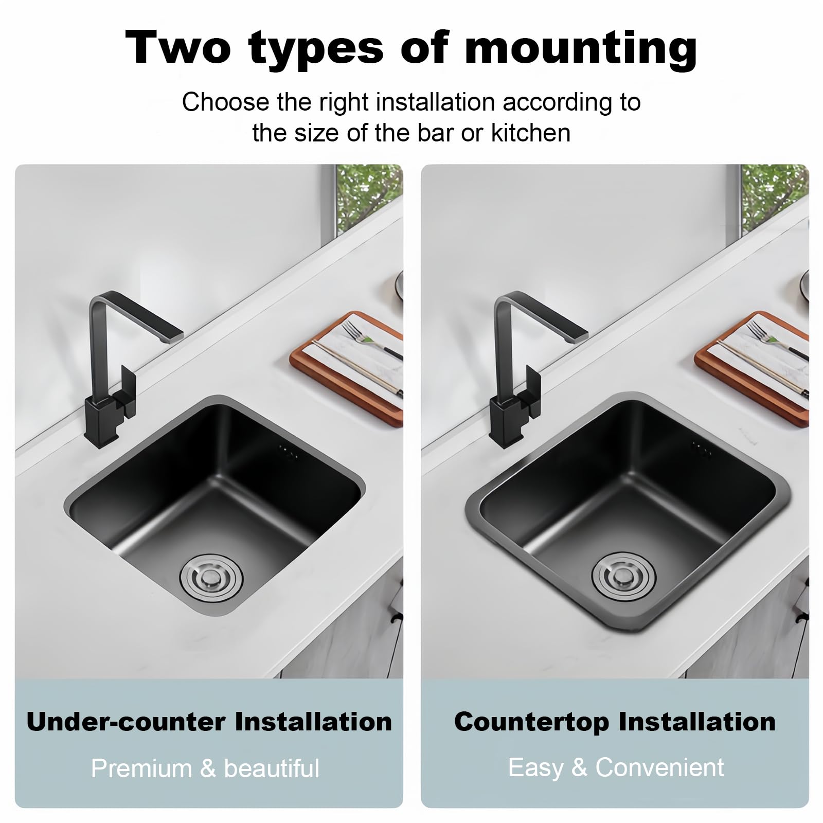 Black Kitchen Sink – 13.8x13 Inch Undermount Single Bowl Workstation Sink, 304 Stainless Steel With Nano Coating, Square Bar/RV Sink With Accessories